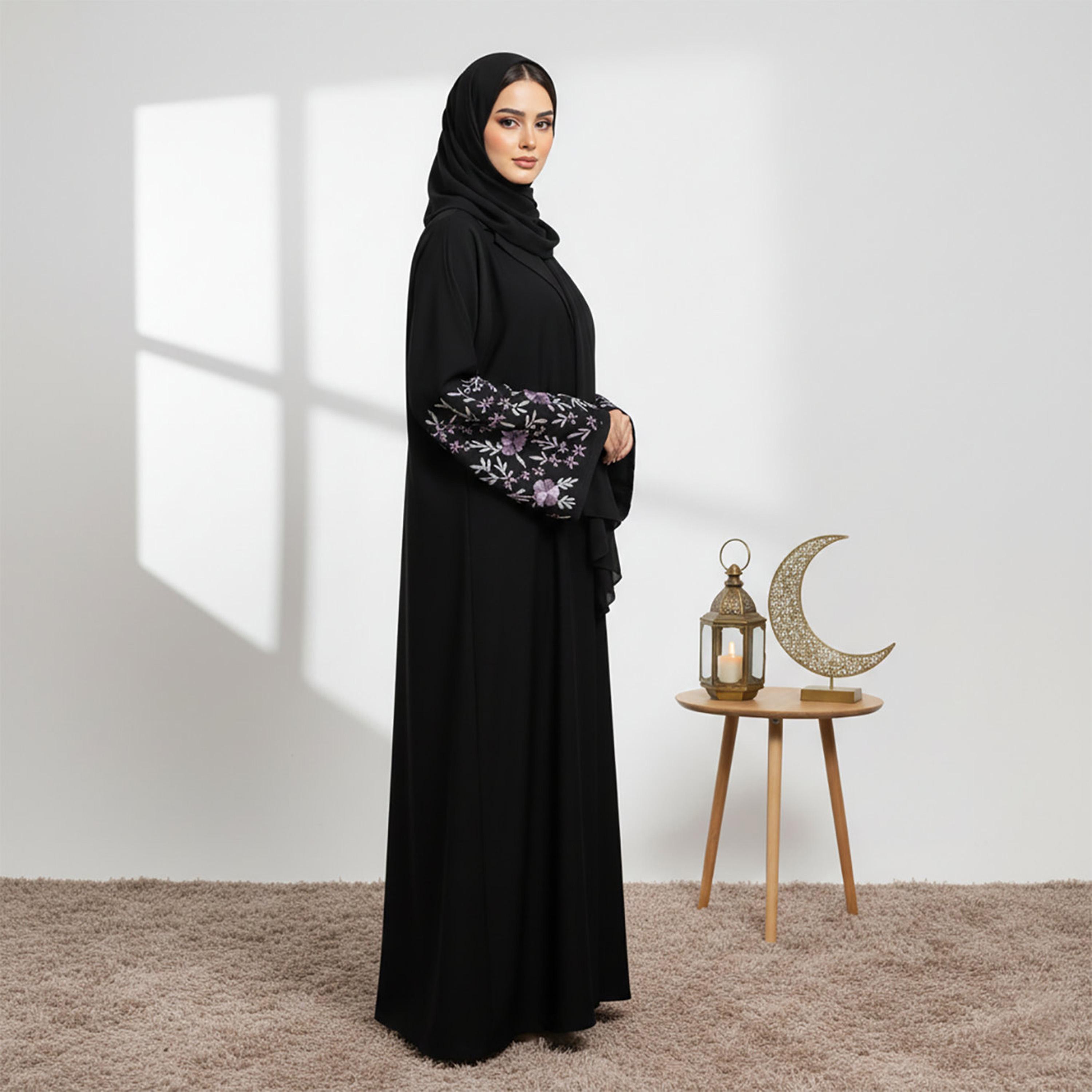 Nukhbaa Black Lapel Collar Flared Sleeves Nida Women's Abaya with Hijab-women-arabicclothing-abayas-image-3
