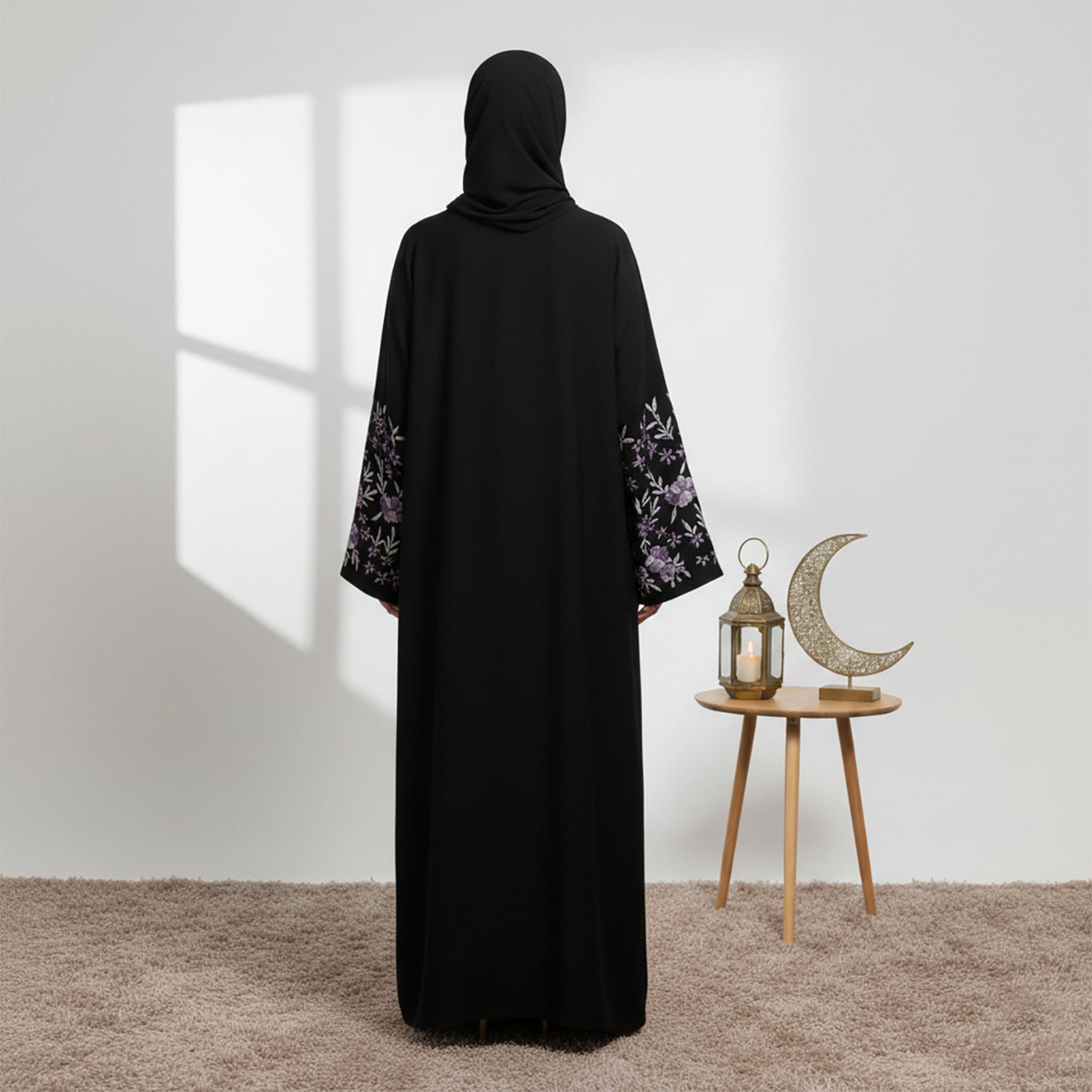 Nukhbaa Black Lapel Collar Flared Sleeves Nida Women's Abaya with Hijab-women-arabicclothing-abayas-image-4