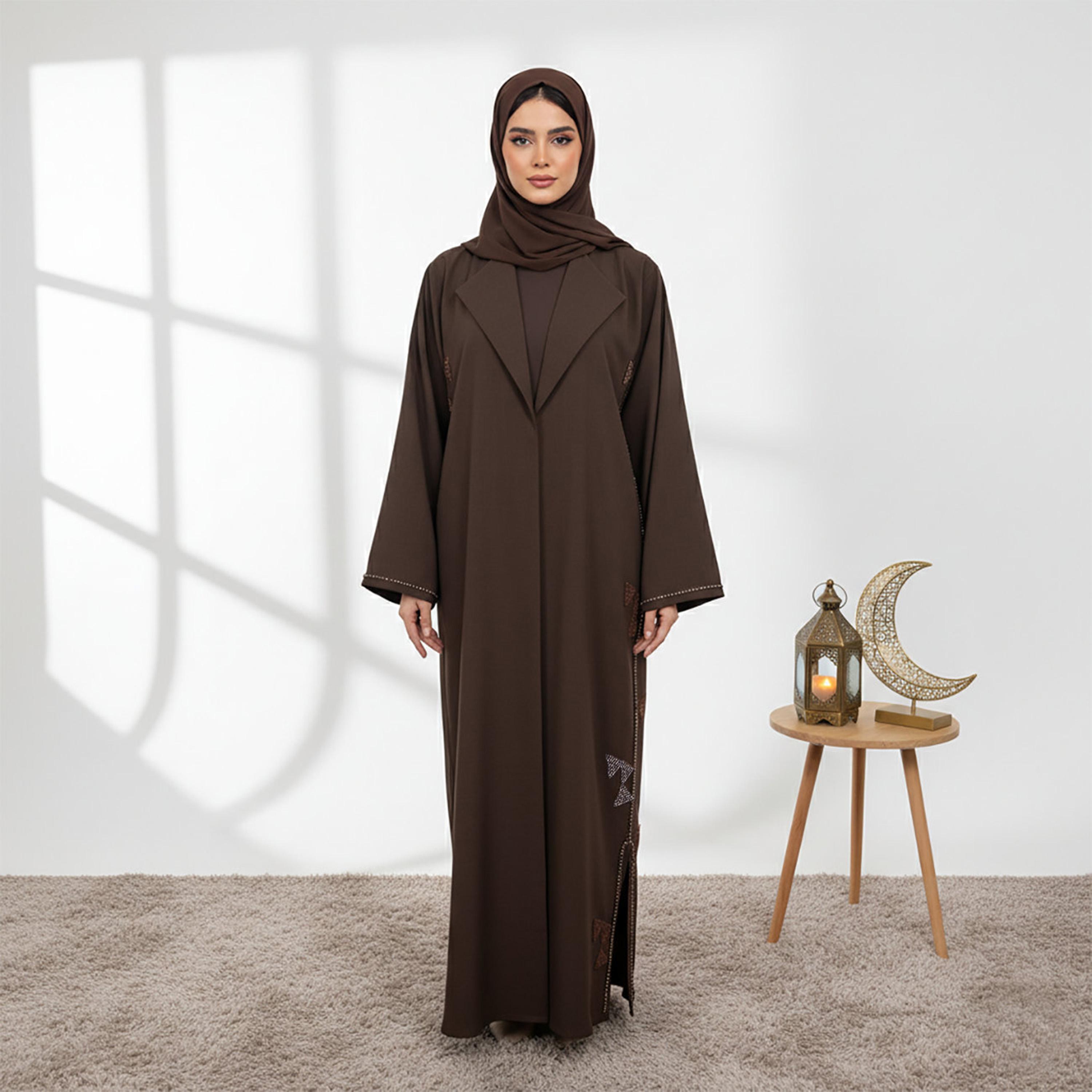 Nukhbaa Brown Lapel Collar Flared Sleeves Linen Women's Formal Abaya with Hijab-women-arabicclothing-abayas-image-1