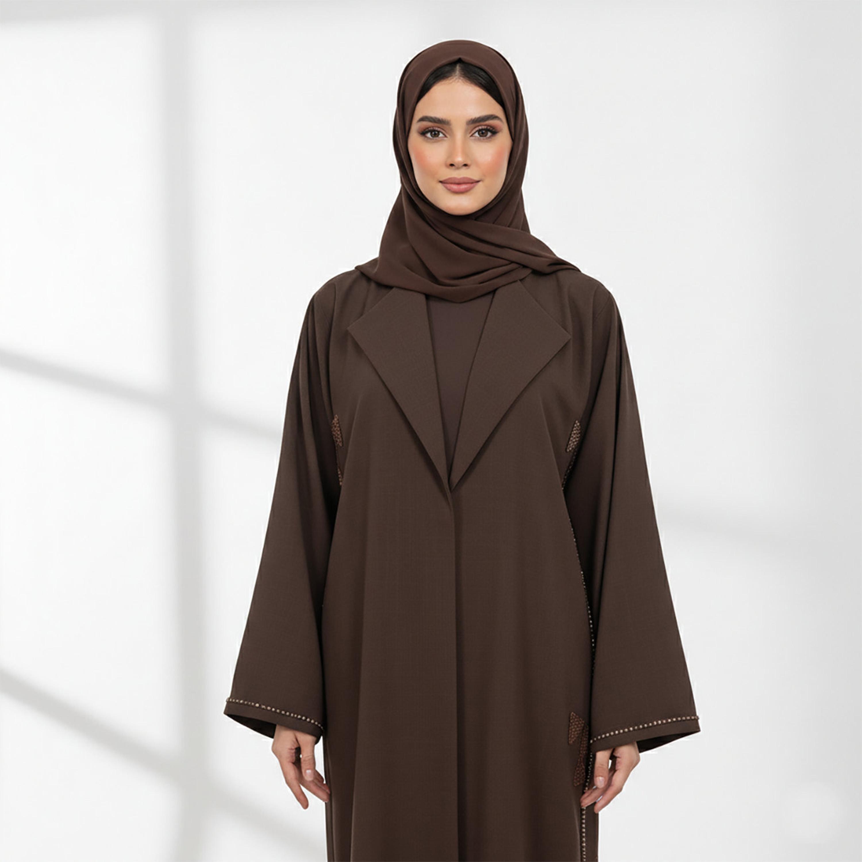 Nukhbaa Brown Lapel Collar Flared Sleeves Linen Women's Formal Abaya with Hijab-women-arabicclothing-abayas-image-2