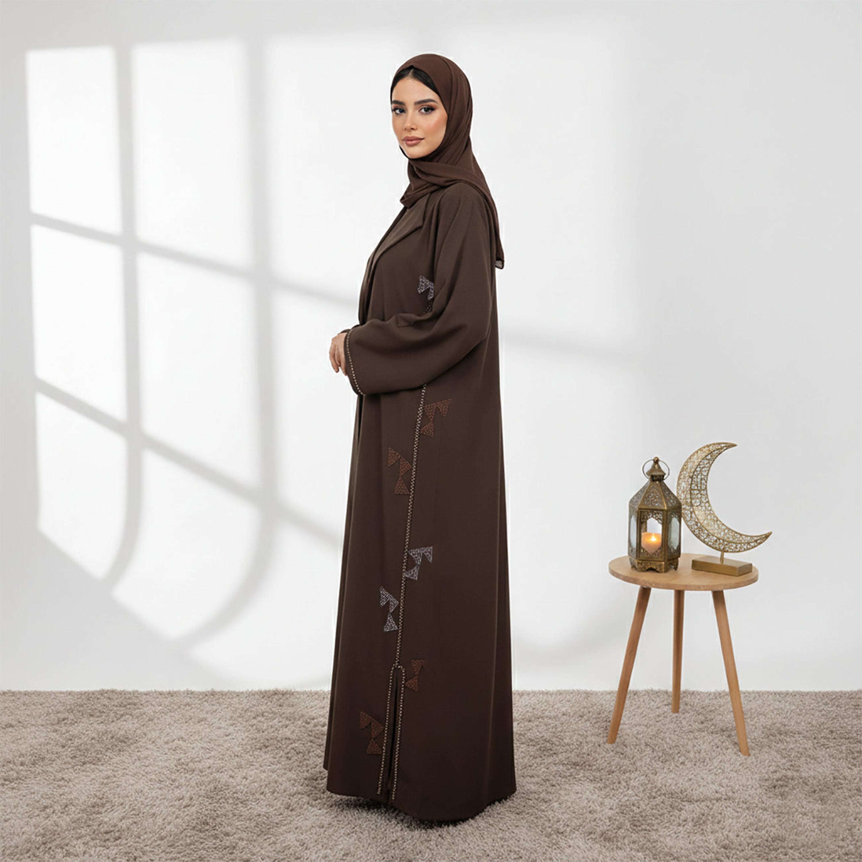Nukhbaa Brown Lapel Collar Flared Sleeves Linen Women's Formal Abaya with Hijab-women-arabicclothing-abayas-image-3