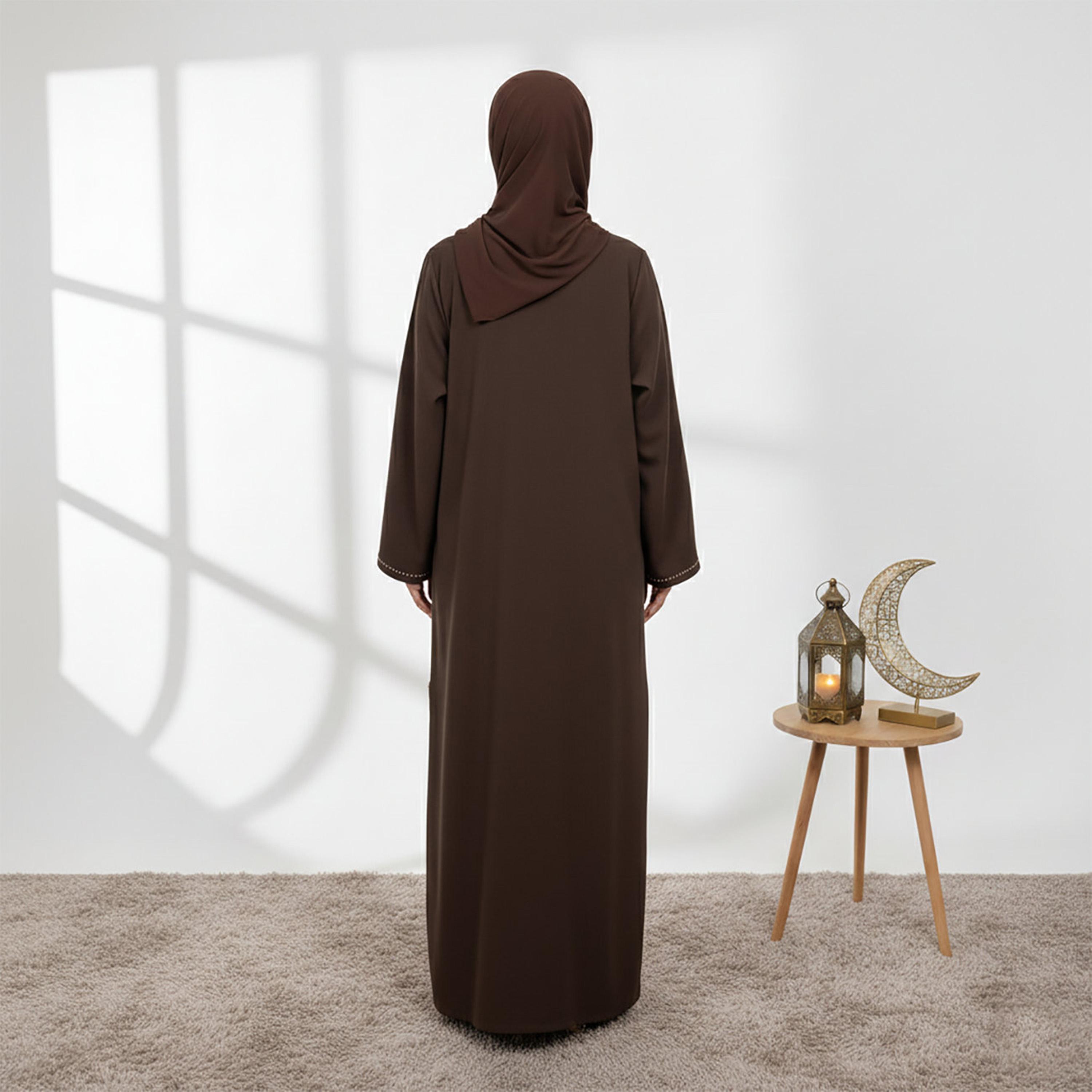 Nukhbaa Brown Lapel Collar Flared Sleeves Linen Women's Formal Abaya with Hijab-women-arabicclothing-abayas-image-4