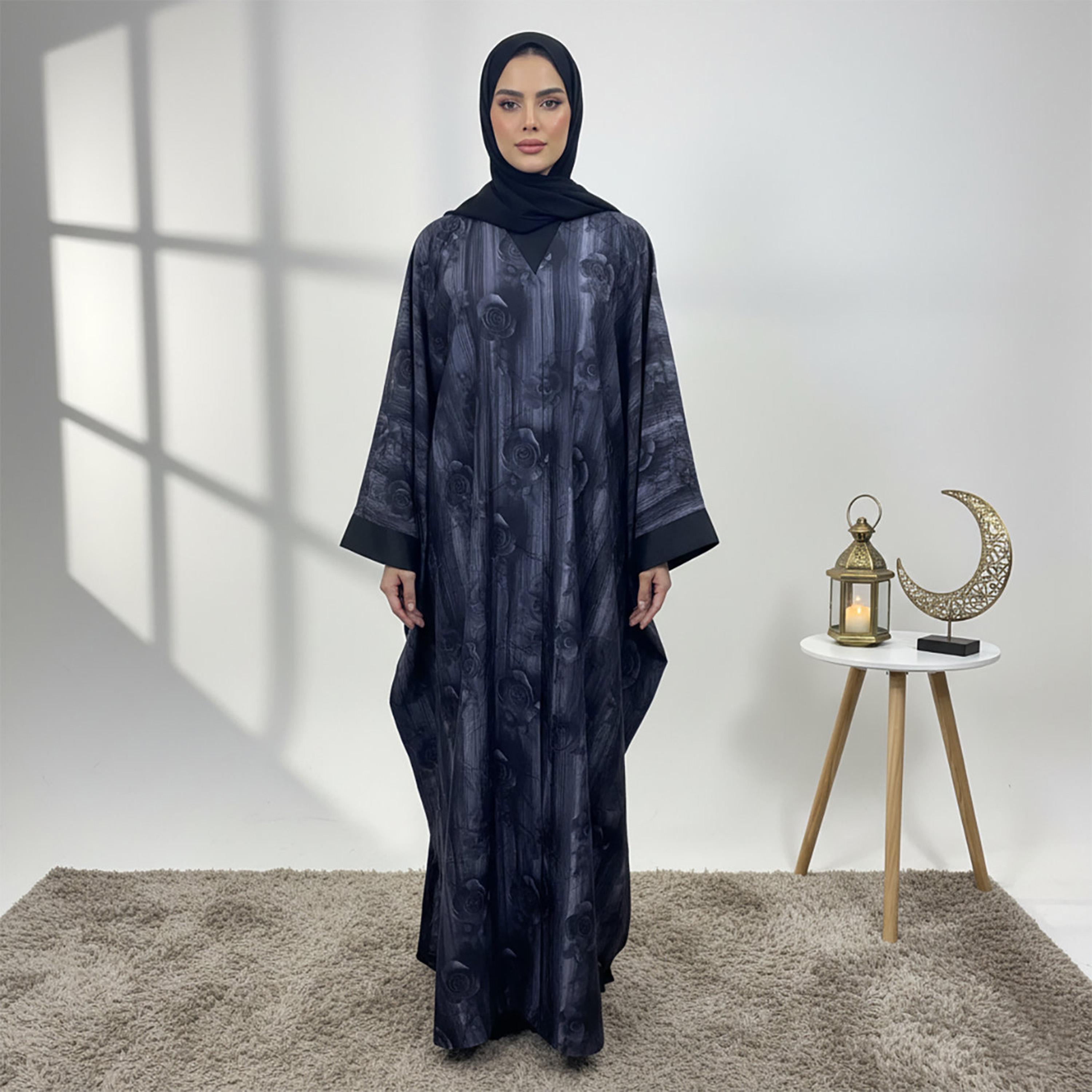 Nukhbaa Blue Floral Wide Sleeves Crepe Women's Kaftan Style Abaya with Hijab-women-arabicclothing-abayas-image-1