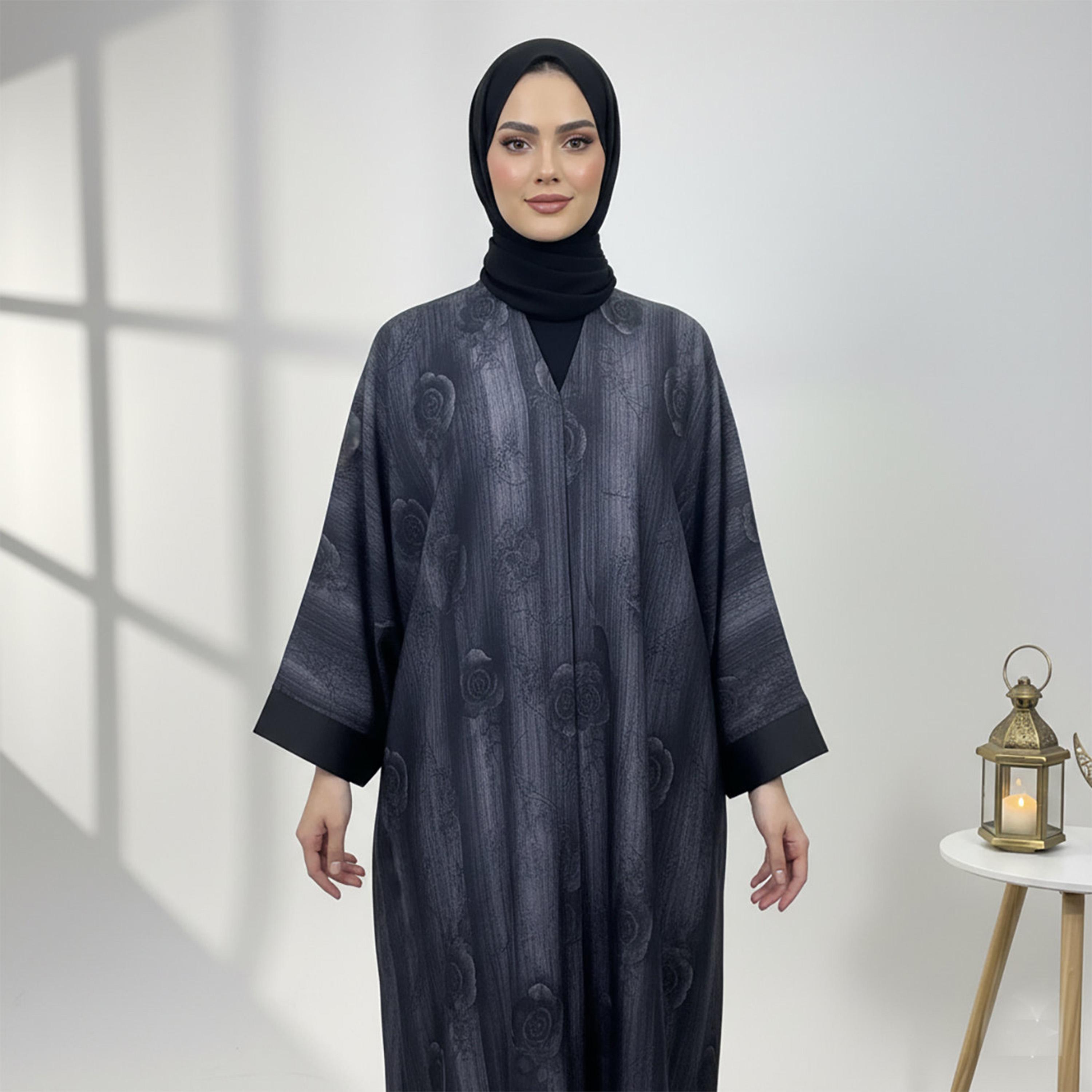 Nukhbaa Blue Floral Wide Sleeves Crepe Women's Kaftan Style Abaya with Hijab-women-arabicclothing-abayas-image-2