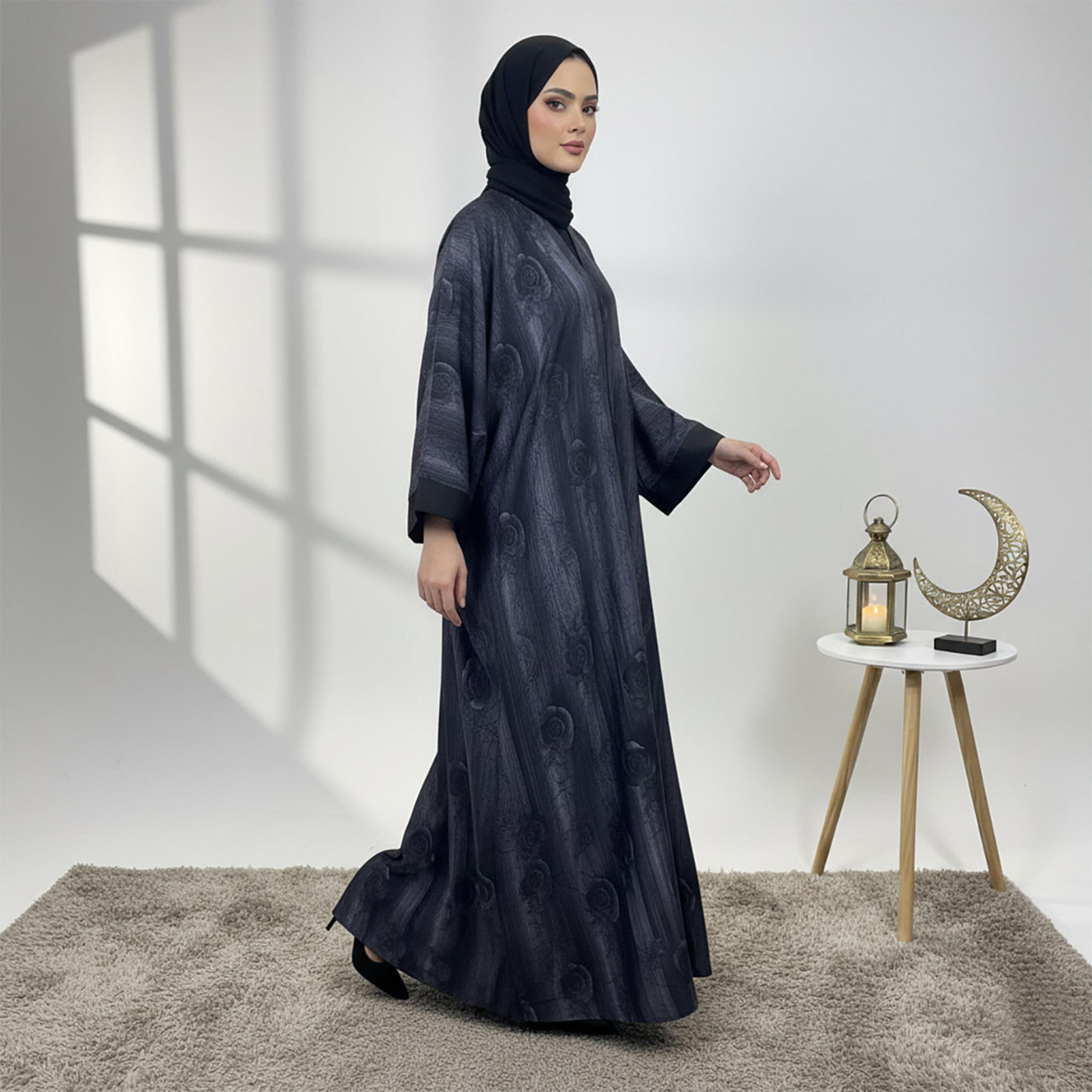 Nukhbaa Blue Floral Wide Sleeves Crepe Women's Kaftan Style Abaya with Hijab-women-arabicclothing-abayas-image-3