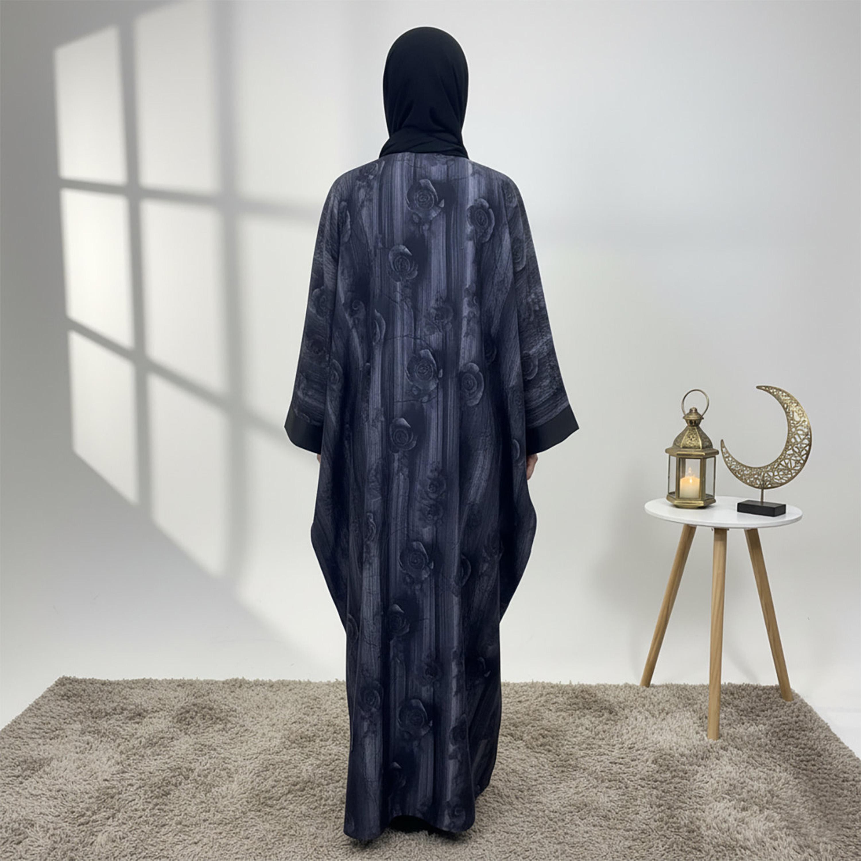 Nukhbaa Blue Floral Wide Sleeves Crepe Women's Kaftan Style Abaya with Hijab-women-arabicclothing-abayas-image-4