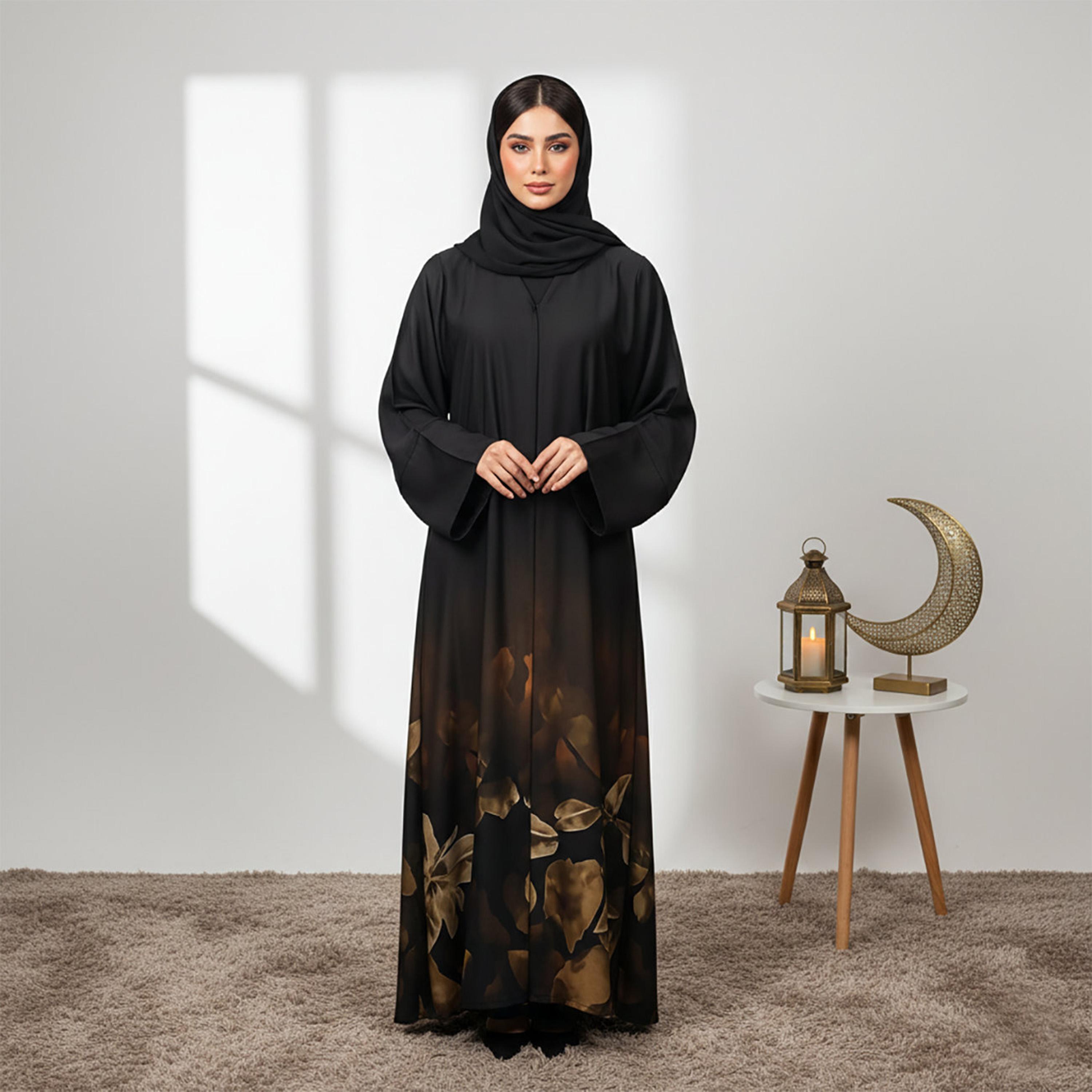 Nukhbaa Black Floral Print Wide Sleeves Satin & Dantel Women's Abaya with Hijab-women-arabicclothing-abayas-image-1