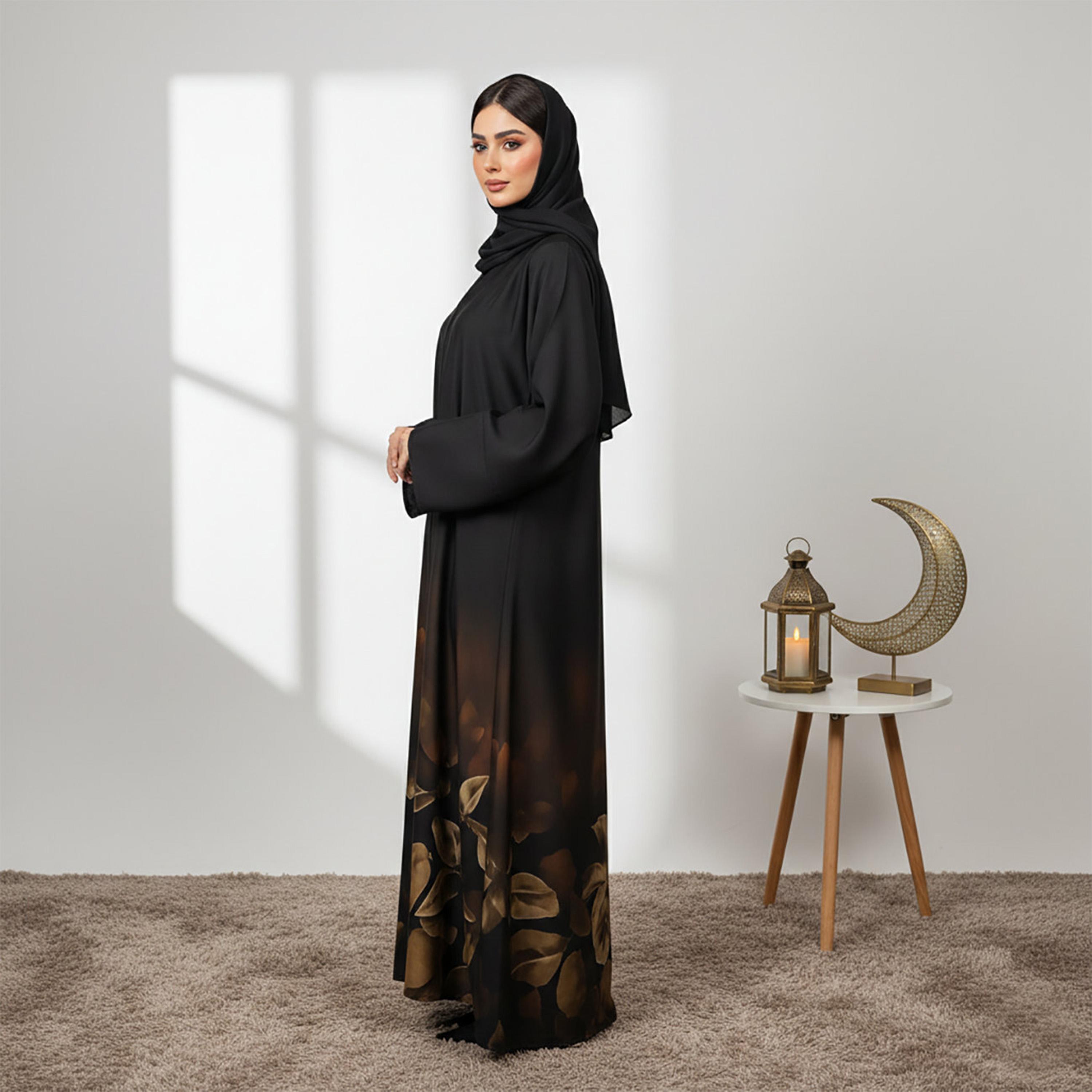 Nukhbaa Black Floral Print Wide Sleeves Satin & Dantel Women's Abaya with Hijab-women-arabicclothing-abayas-image-2