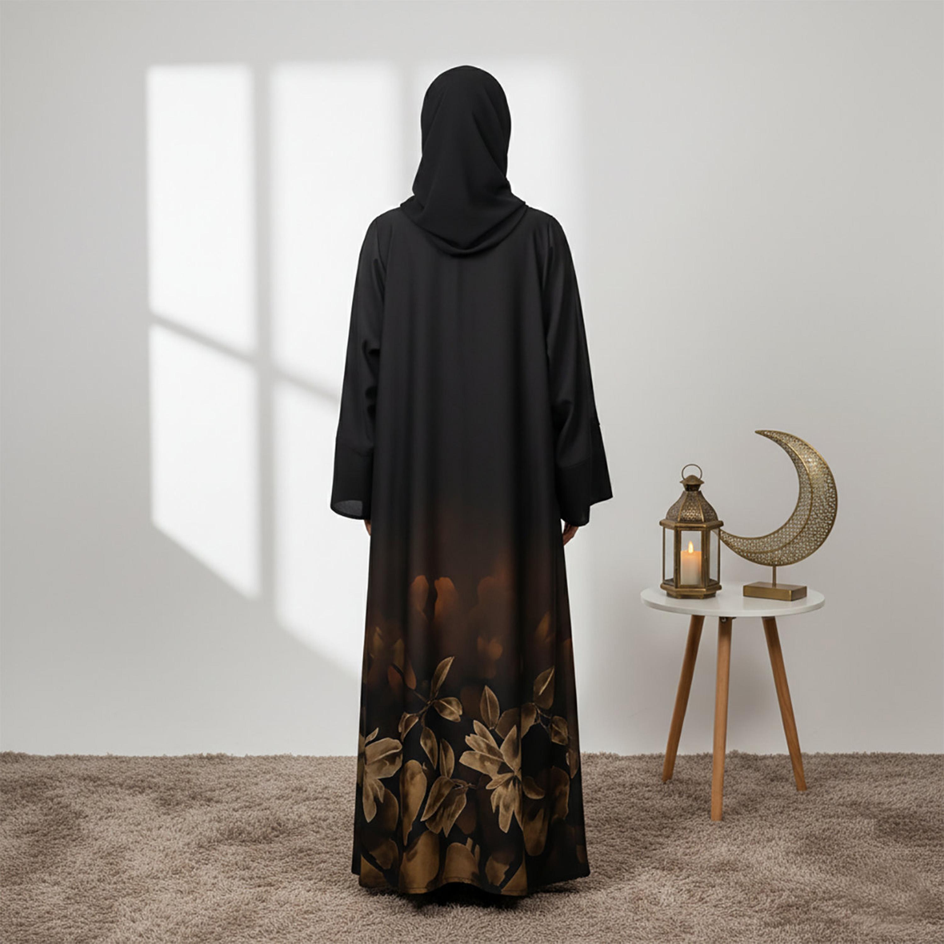 Nukhbaa Black Floral Print Wide Sleeves Satin & Dantel Women's Abaya with Hijab-women-arabicclothing-abayas-image-4