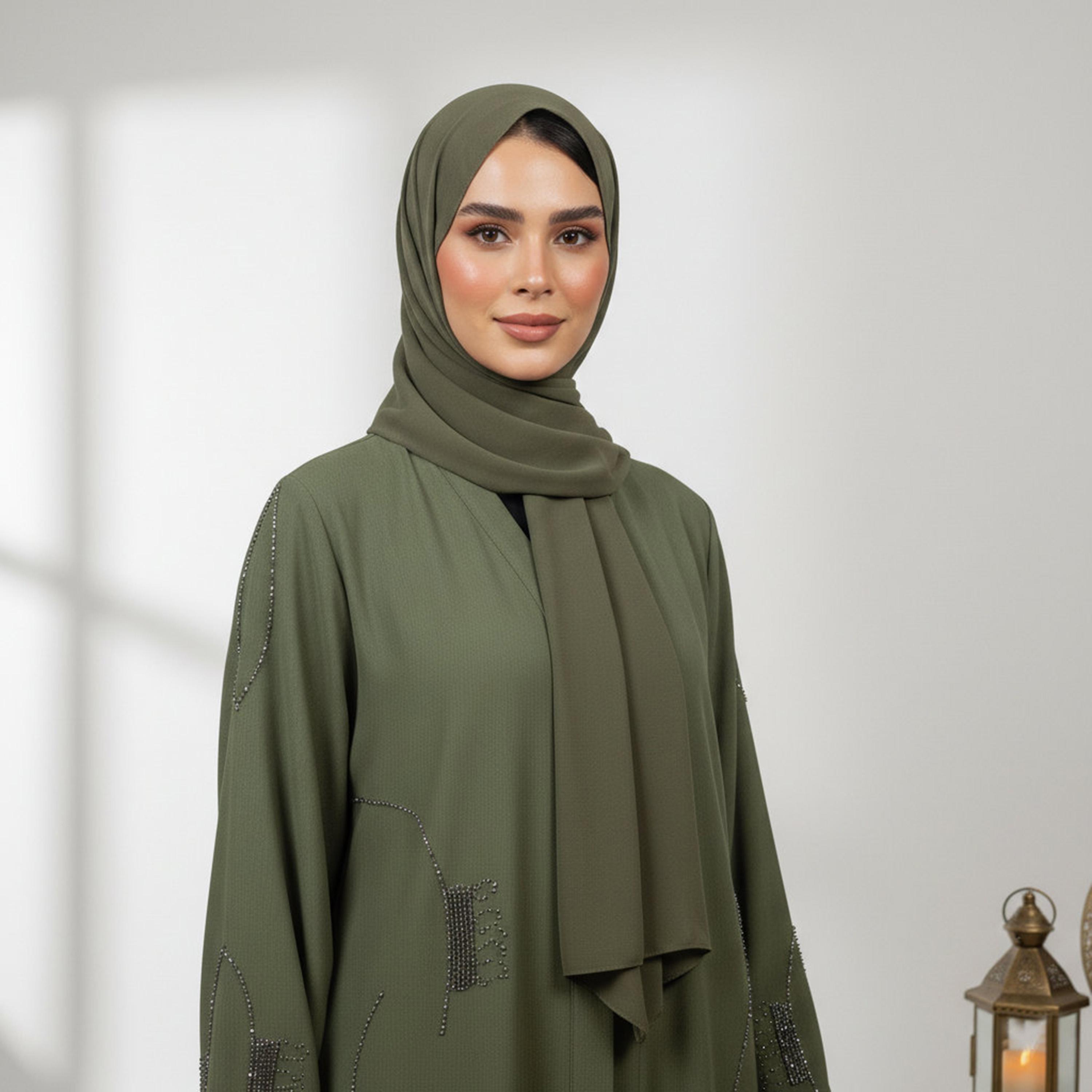 عباءة نسائية كريب خضراء مزينة مع حجاب من نخبة-women-arabicclothing-abayas-image-2