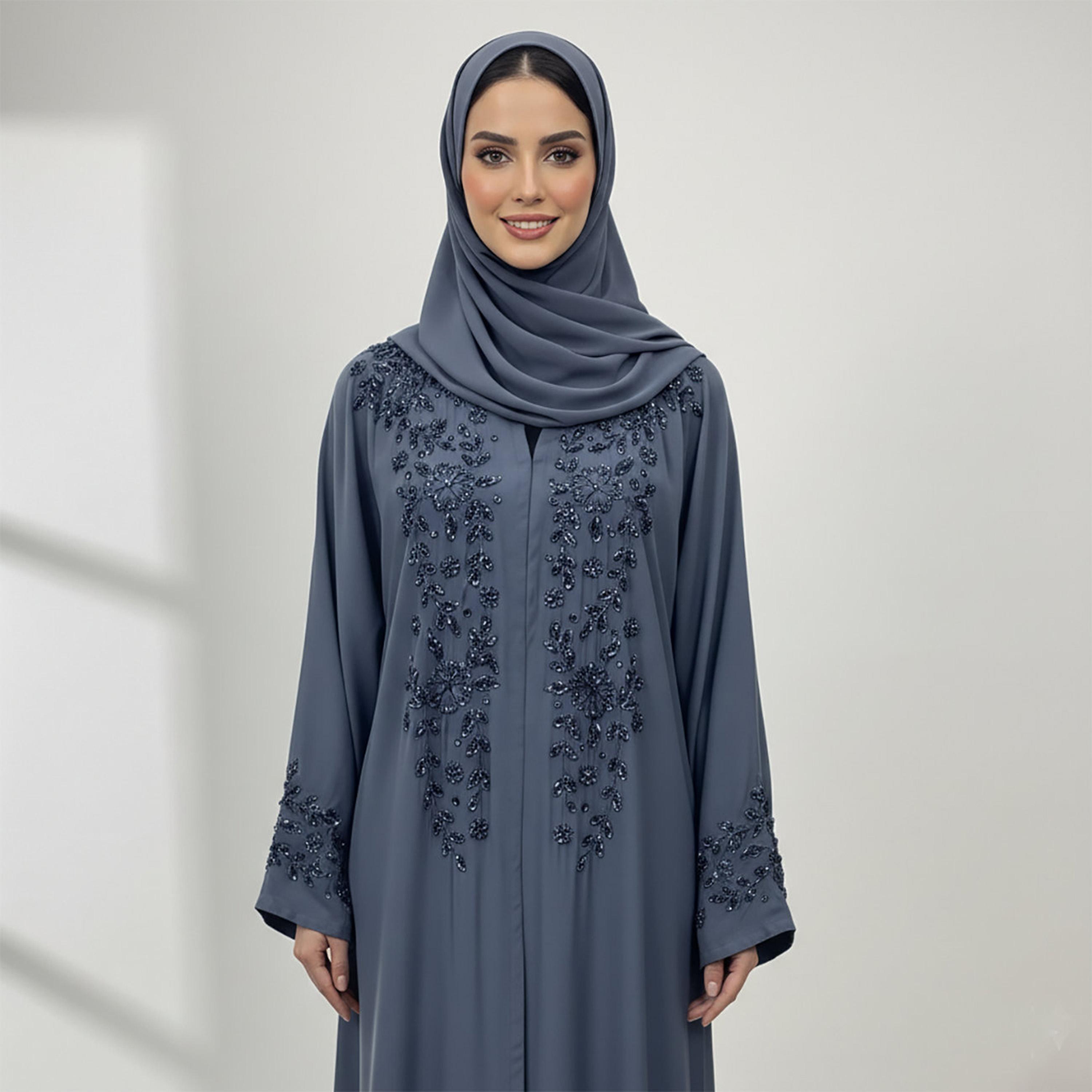 Nukhbaa Grey Beaded Nida Women's Abaya with Hijab-women-arabicclothing-abayas-image-2