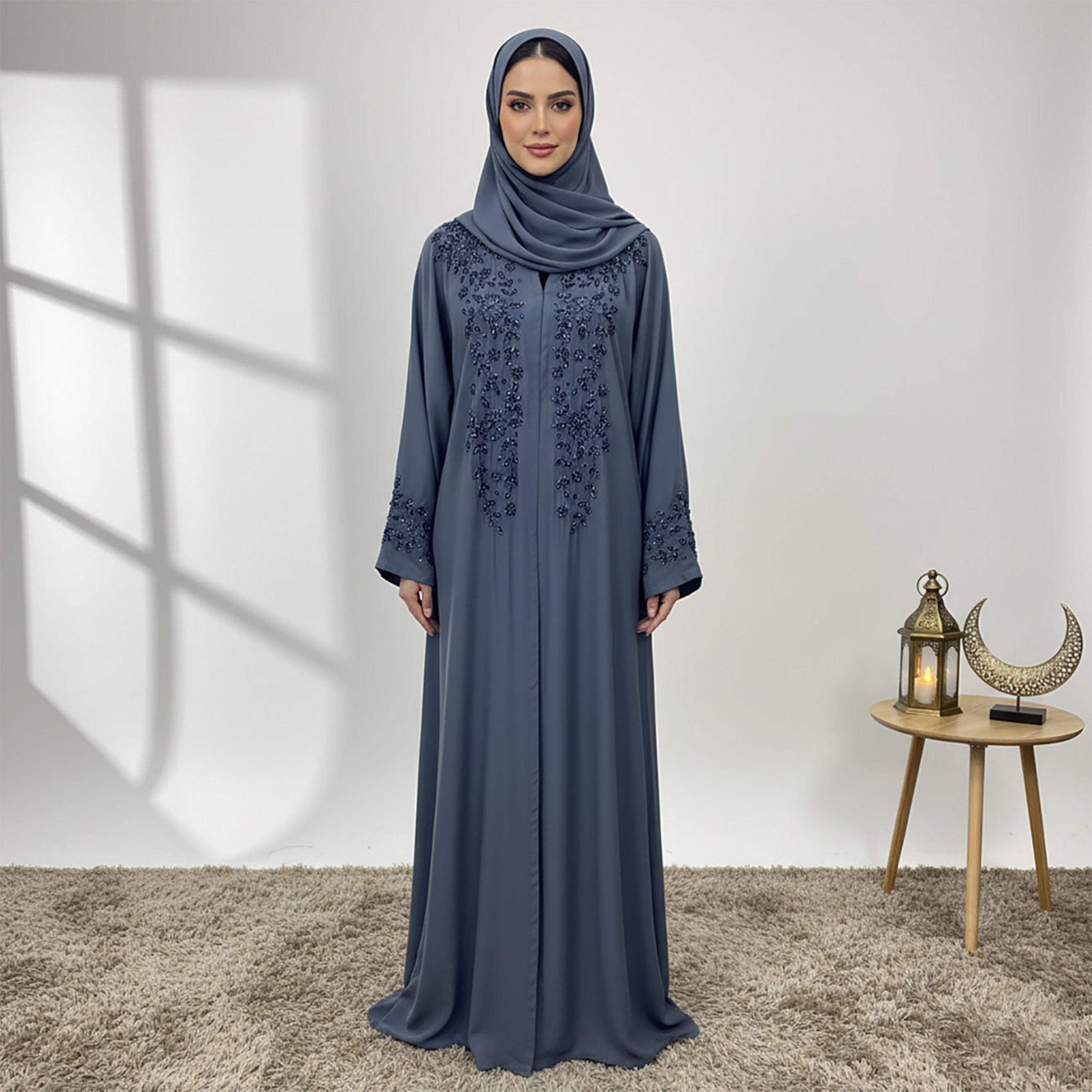 Nukhbaa Grey Beaded Nida Women's Abaya with Hijab-women-arabicclothing-abayas-image-3