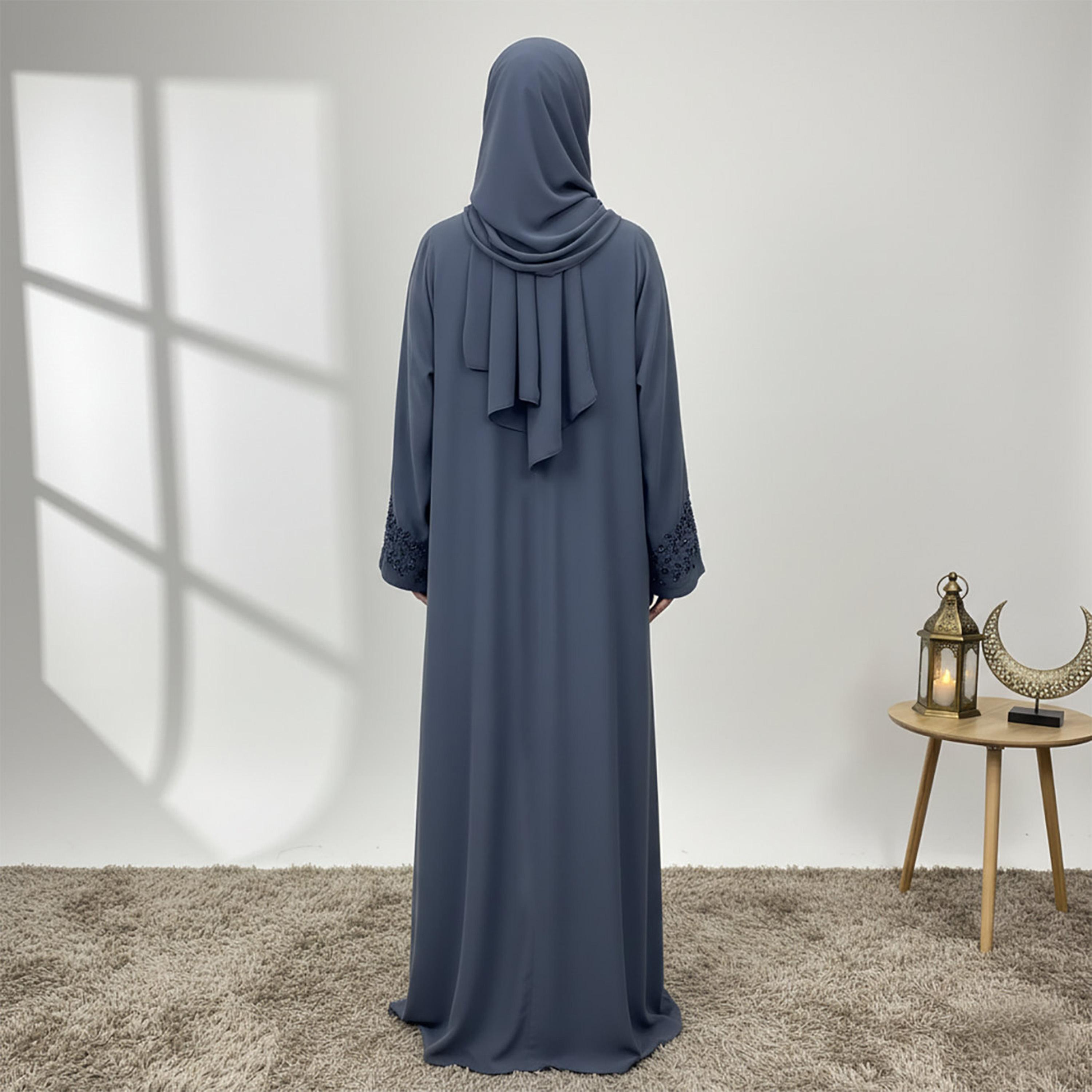Nukhbaa Grey Beaded Nida Women's Abaya with Hijab-women-arabicclothing-abayas-image-4