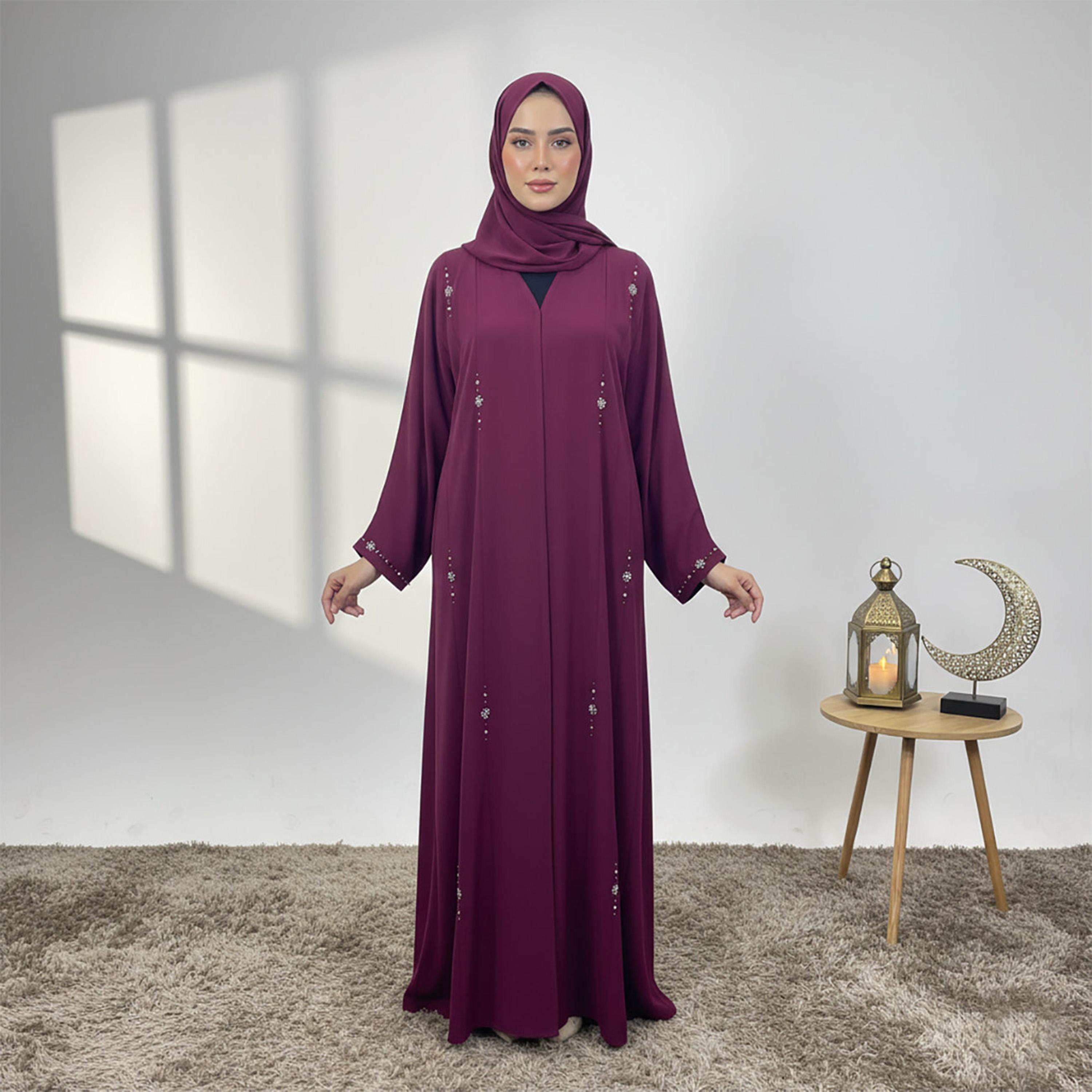 Nukhbaa Magenta Beads Detailed Nida Women's Abaya with Hijab-women-arabicclothing-abayas-image-1