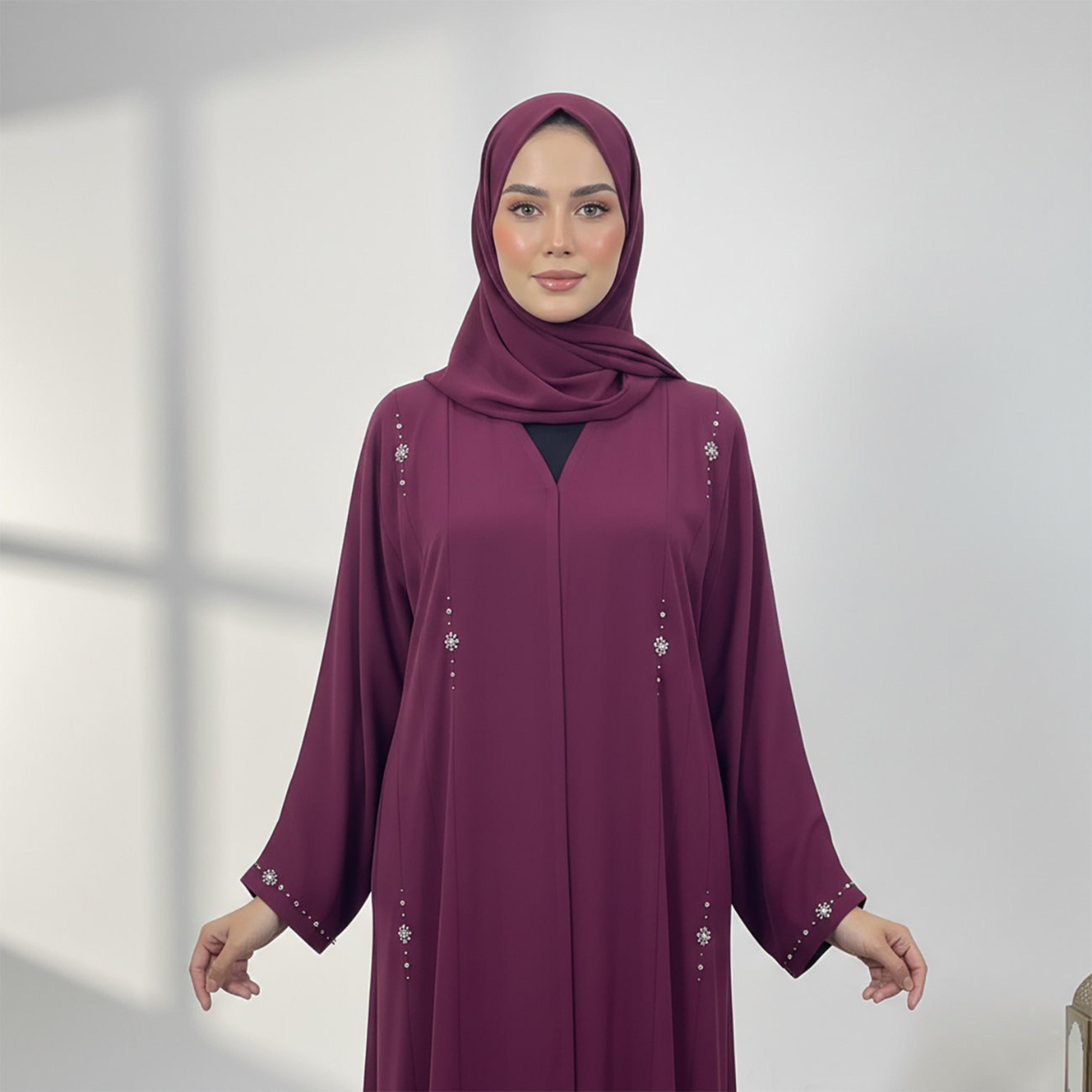 Nukhbaa Magenta Beads Detailed Nida Women's Abaya with Hijab-women-arabicclothing-abayas-image-2