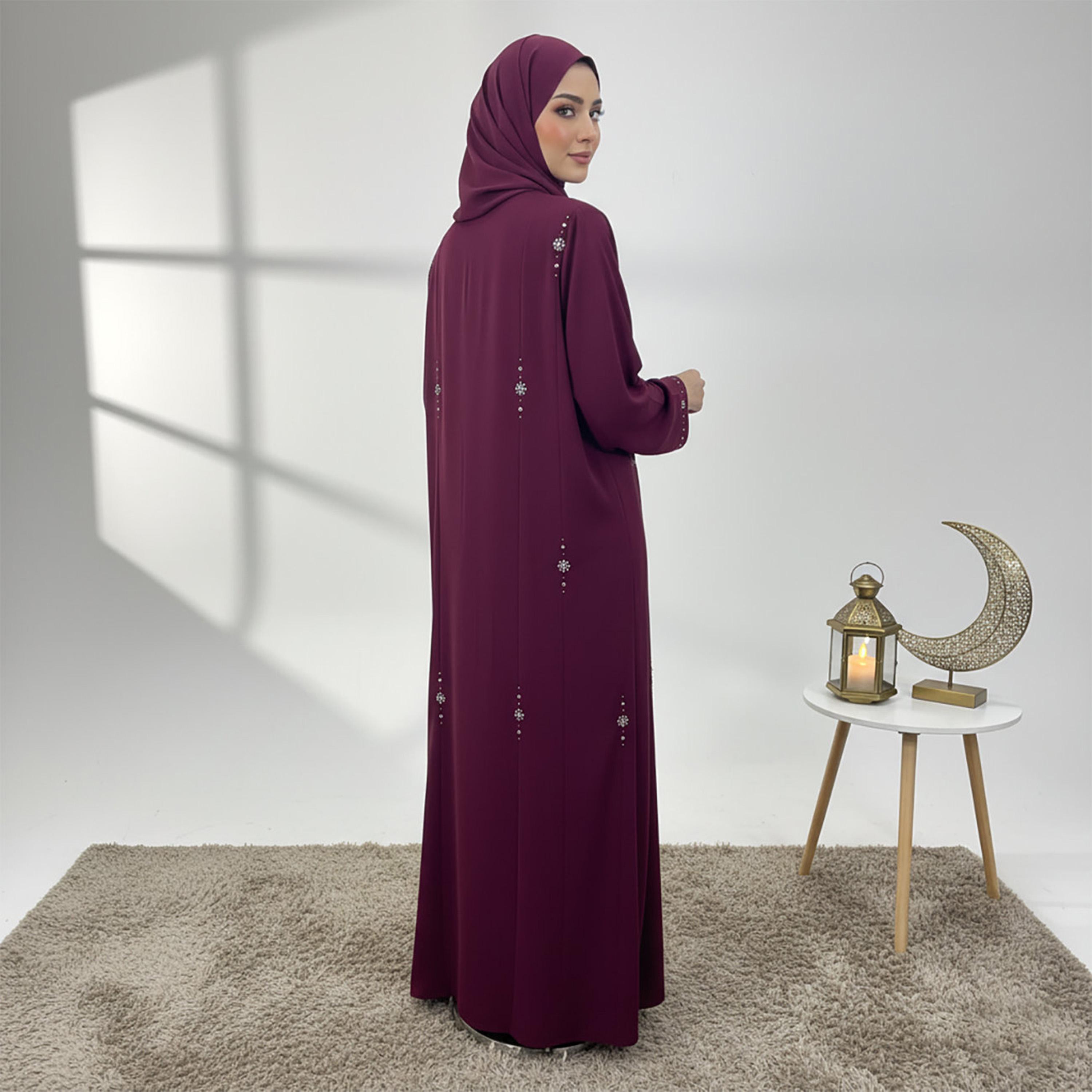 Nukhbaa Magenta Beads Detailed Nida Women's Abaya with Hijab-women-arabicclothing-abayas-image-3