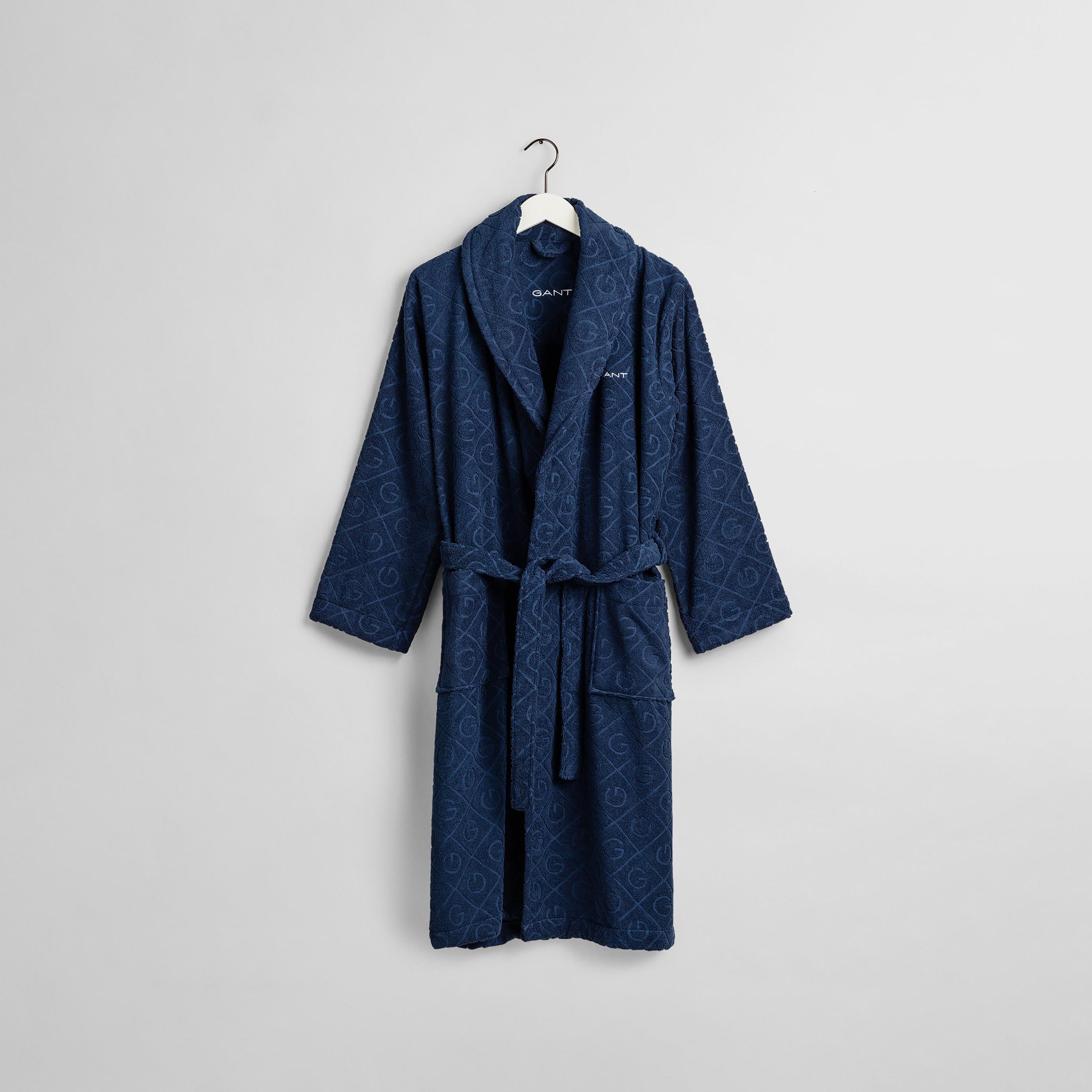 Gant Monogram Print Shawl Lapel Bath Robe with Front Tie-Up Belt-women-clothing-nightwear-robes-image-1