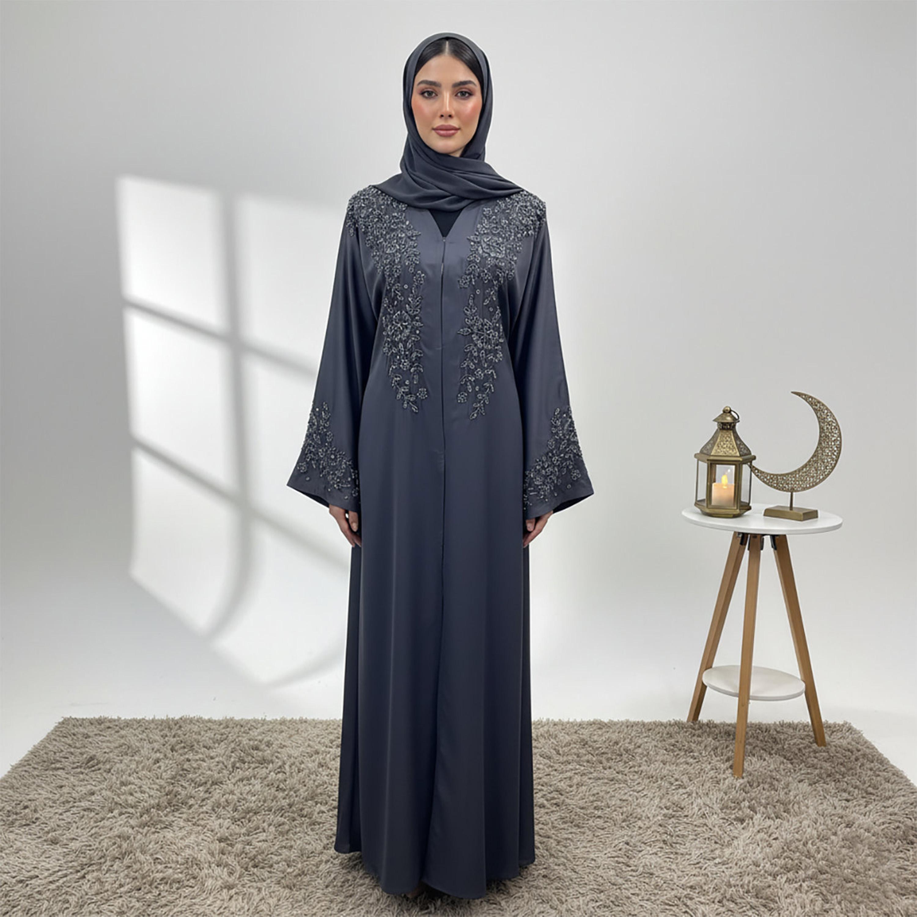 Nukhbaa Grey Floral Embroidered Flared Sleeves Nida Women's Evening Abaya with Hijab-women-arabicclothing-abayas-image-1