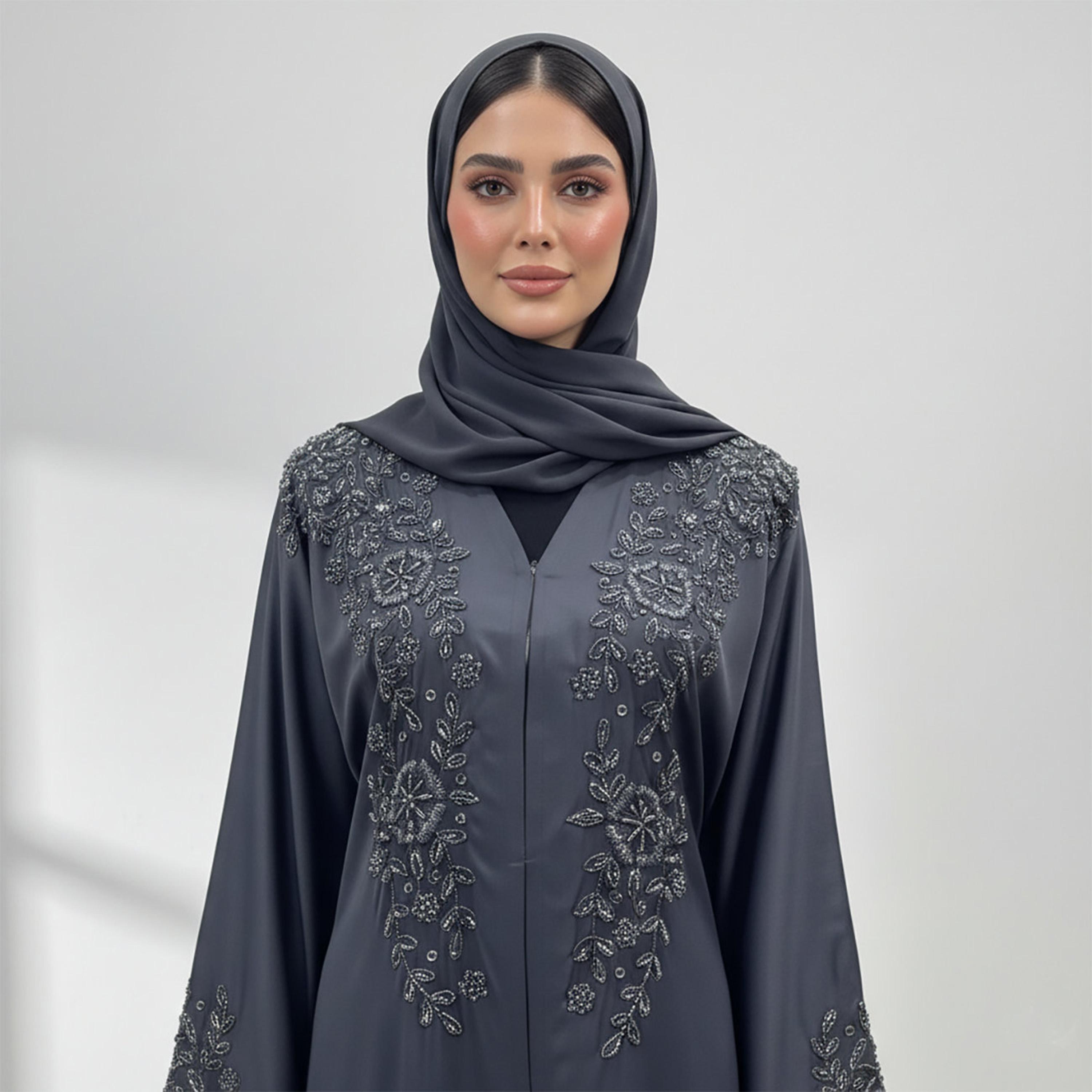 Nukhbaa Grey Floral Embroidered Flared Sleeves Nida Women's Evening Abaya with Hijab-women-arabicclothing-abayas-image-2