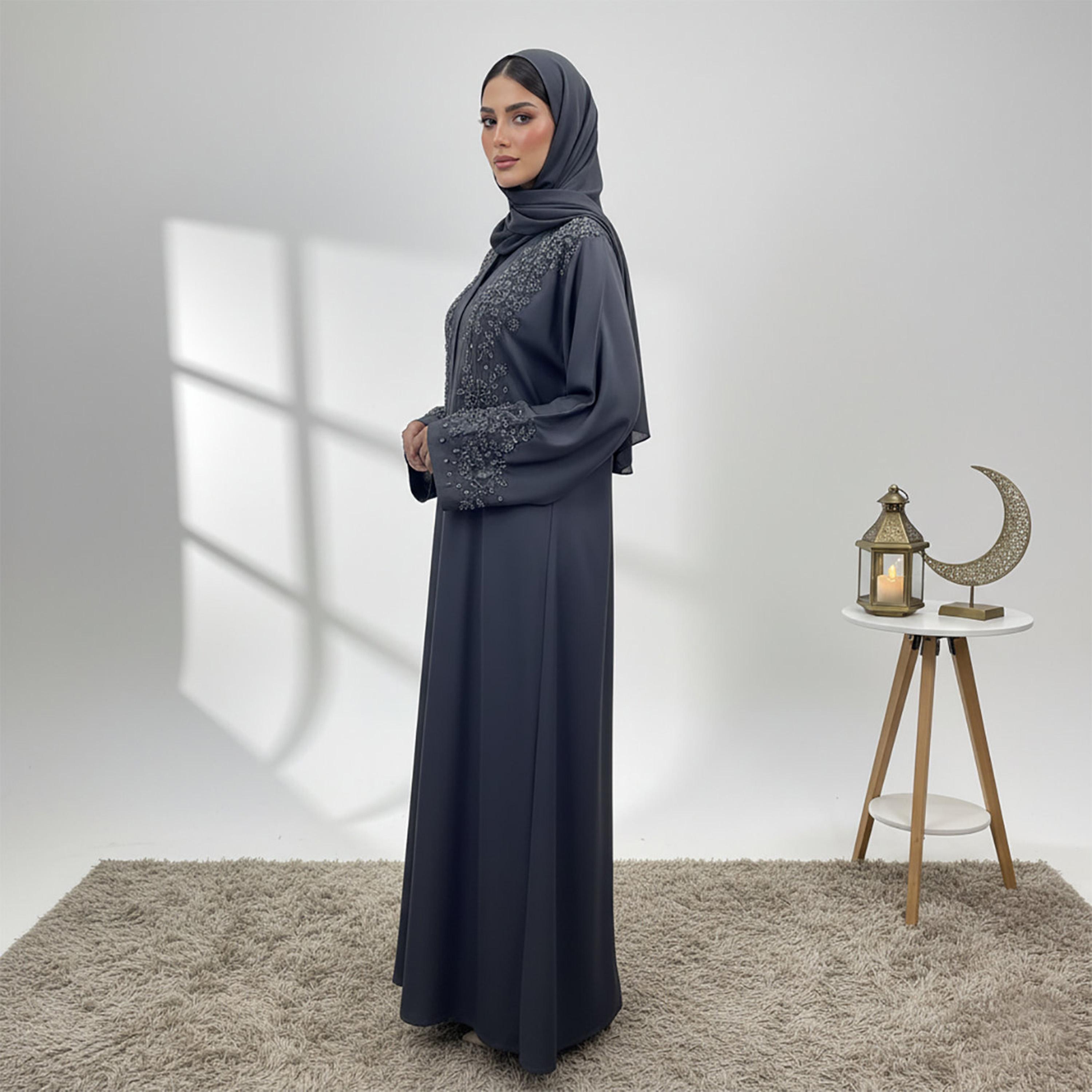 Nukhbaa Grey Floral Embroidered Flared Sleeves Nida Women's Evening Abaya with Hijab-women-arabicclothing-abayas-image-3