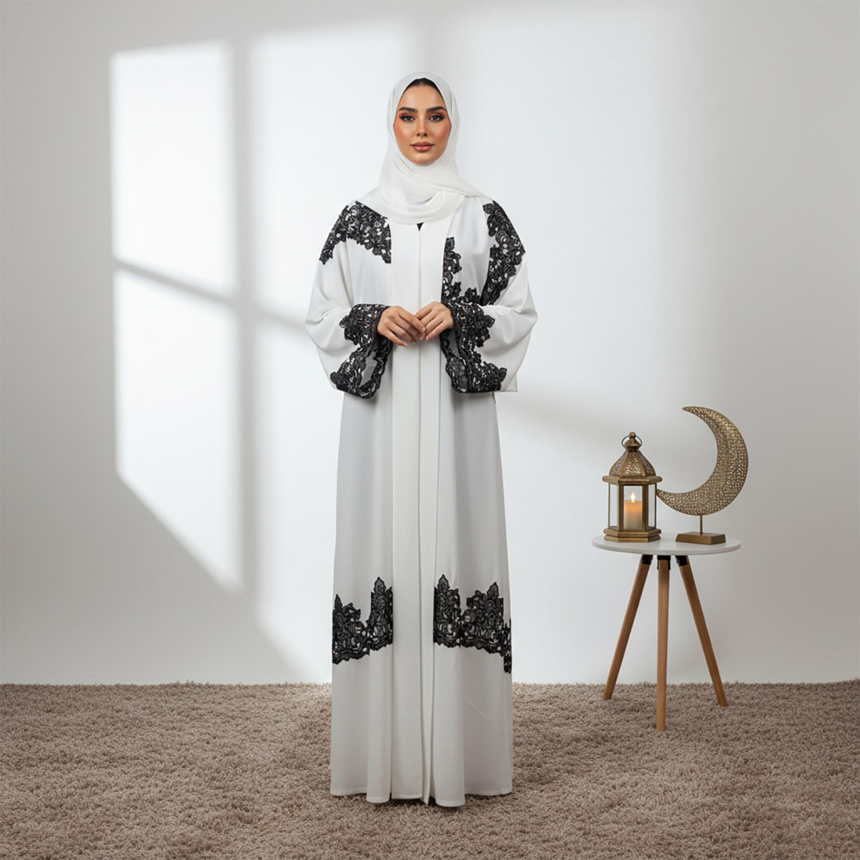 Nukhbaa Contrast Lace Detailed Wide Sleeves Nida Women's Evening Abaya with Hijab-women-arabicclothing-abayas-image-1
