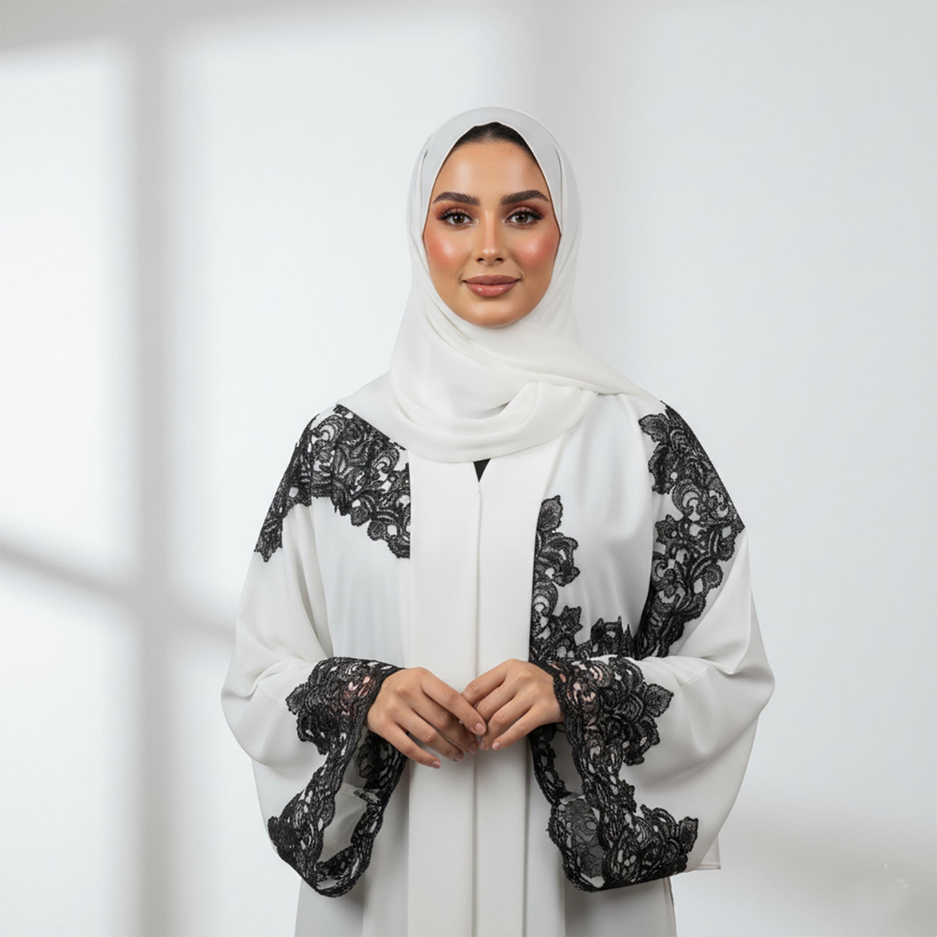 Nukhbaa Contrast Lace Detailed Wide Sleeves Nida Women's Evening Abaya with Hijab-women-arabicclothing-abayas-image-2