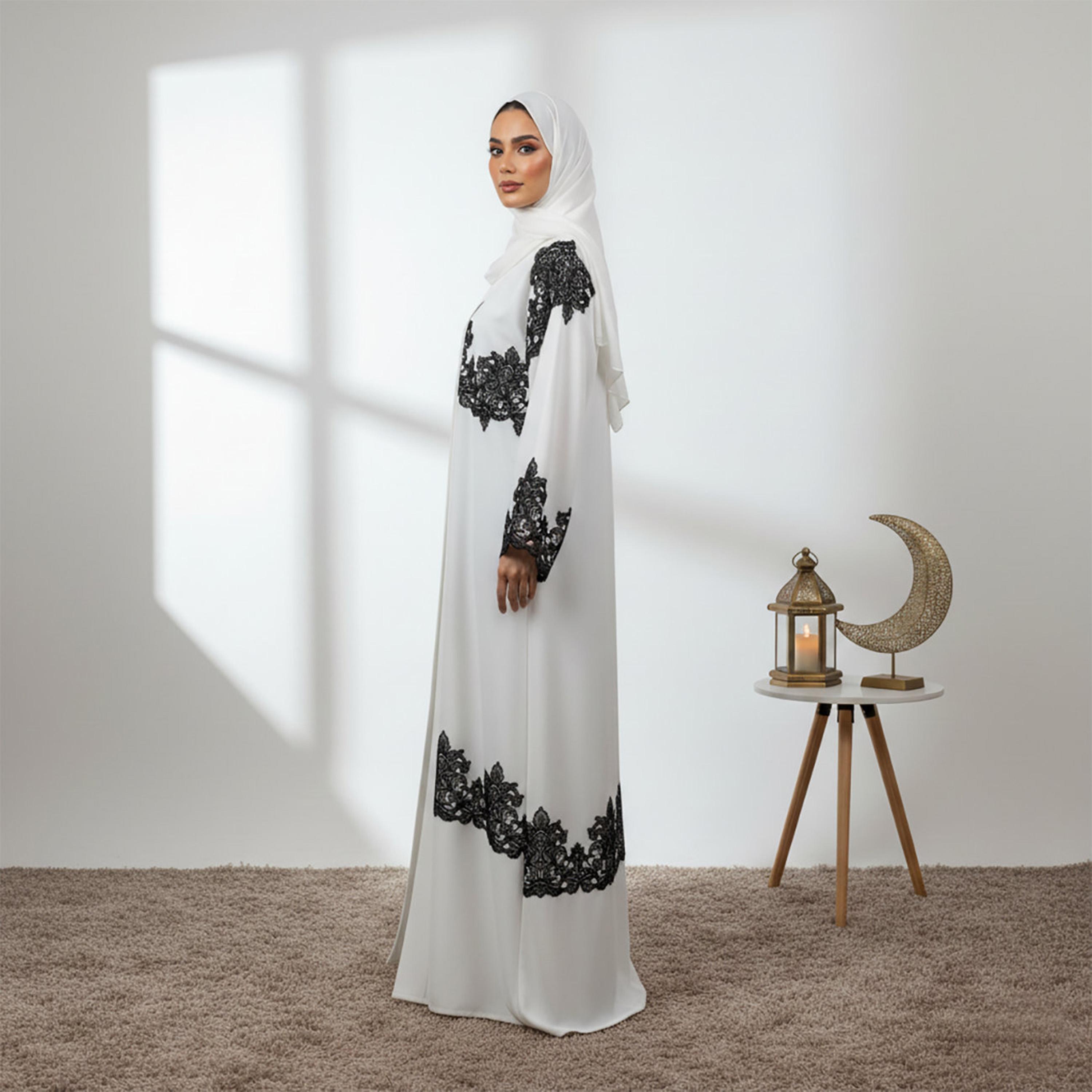 Nukhbaa Contrast Lace Detailed Wide Sleeves Nida Women's Evening Abaya with Hijab-women-arabicclothing-abayas-image-3