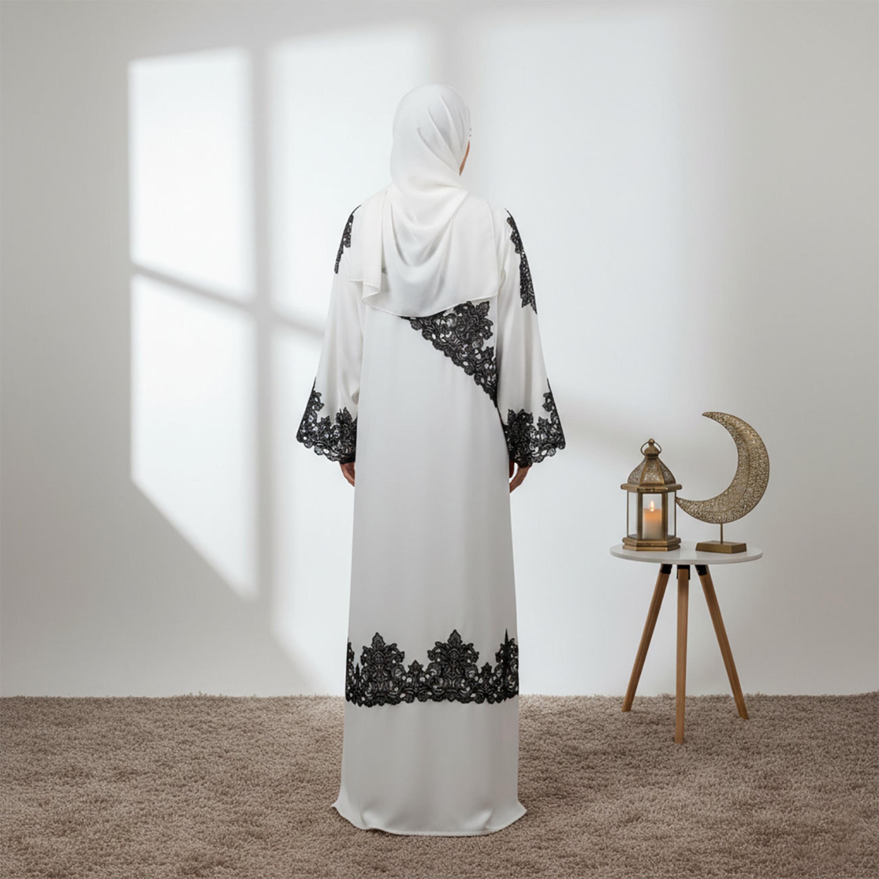 Nukhbaa Contrast Lace Detailed Wide Sleeves Nida Women's Evening Abaya with Hijab-women-arabicclothing-abayas-image-4