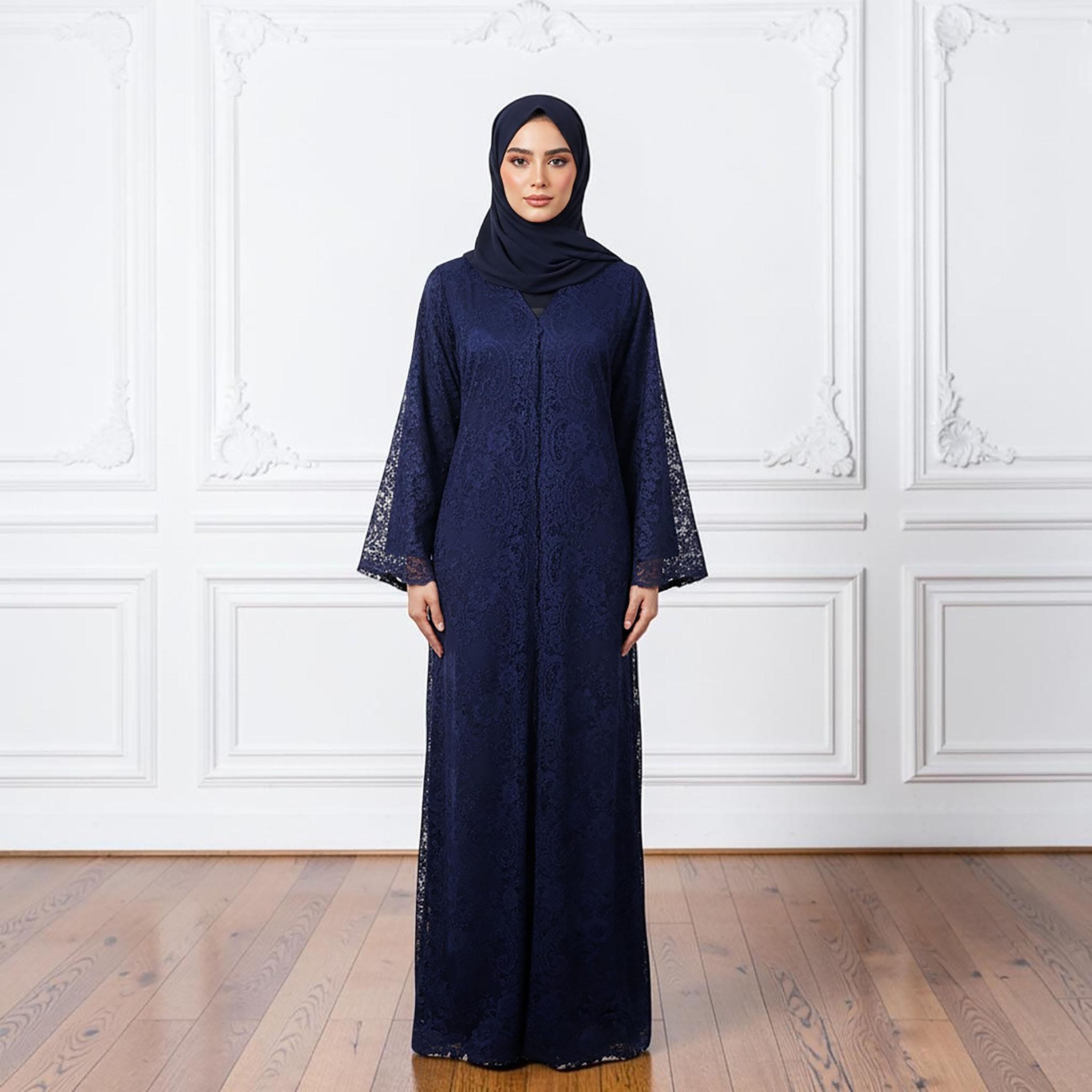 عباءة سهرة نسائية من قماش الندى بالدانتيل الكامل بلون كحلي مع حجاب من نخبة-women-arabicclothing-abayas-image-1
