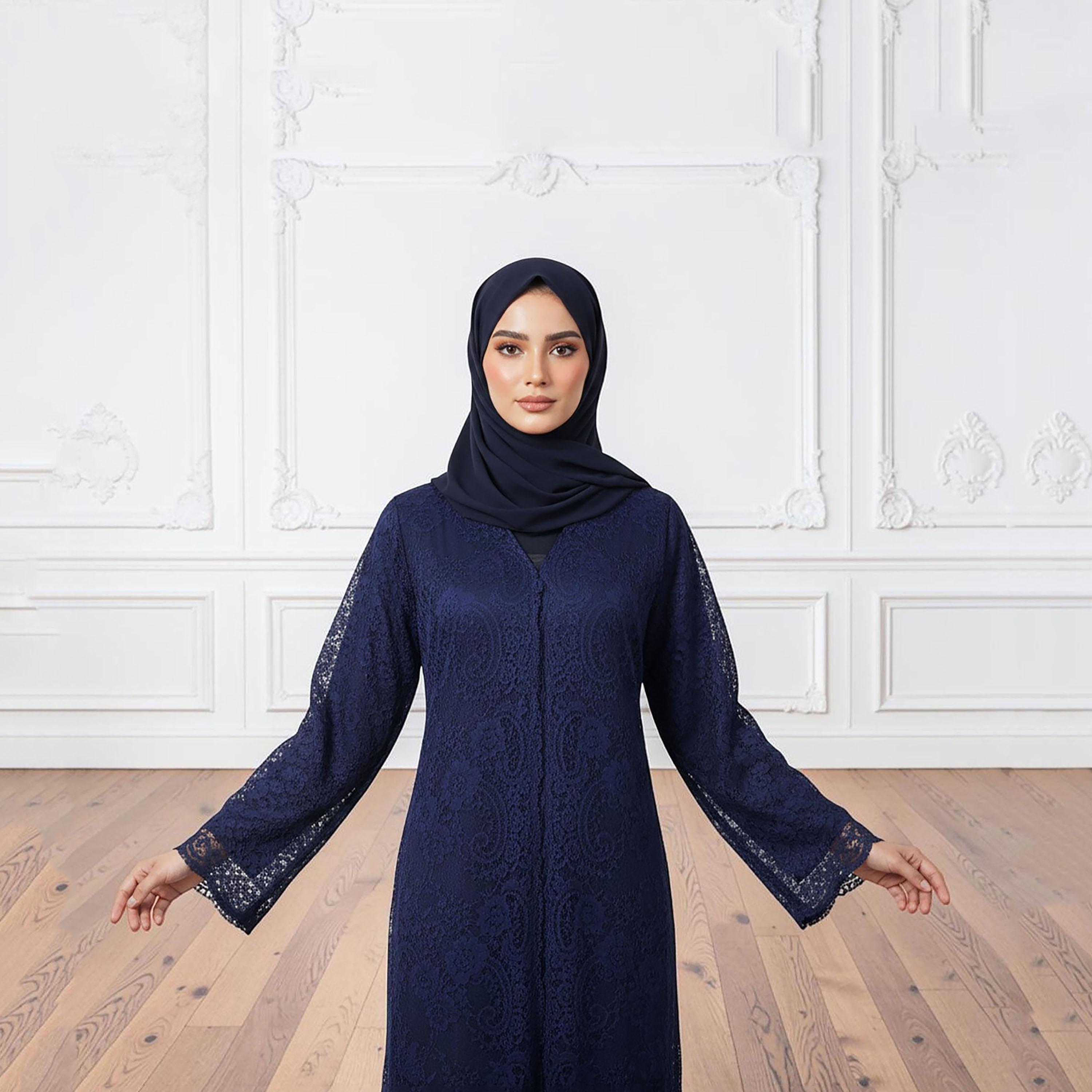 عباءة سهرة نسائية من قماش الندى بالدانتيل الكامل بلون كحلي مع حجاب من نخبة-women-arabicclothing-abayas-image-2