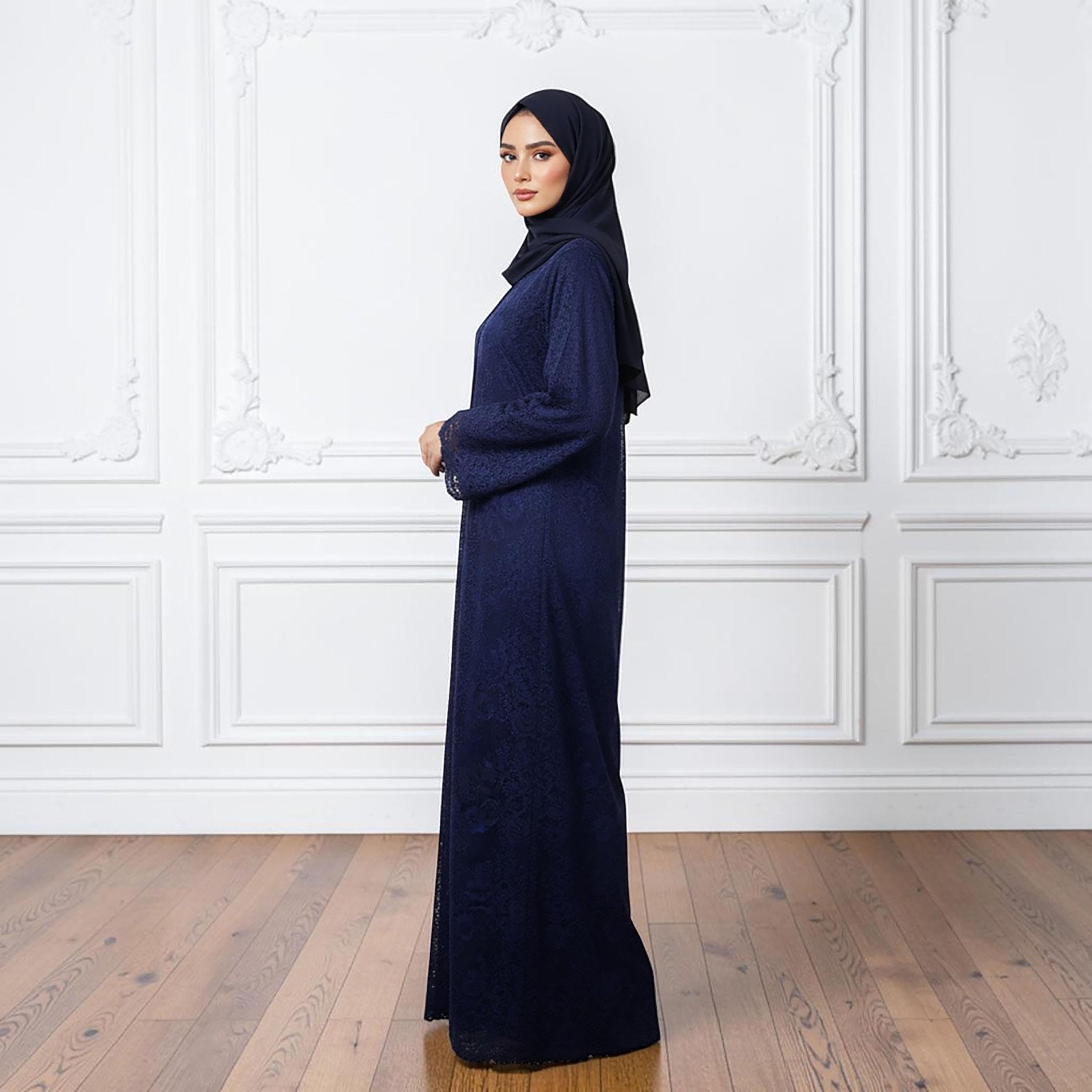 عباءة سهرة نسائية من قماش الندى بالدانتيل الكامل بلون كحلي مع حجاب من نخبة-women-arabicclothing-abayas-image-3