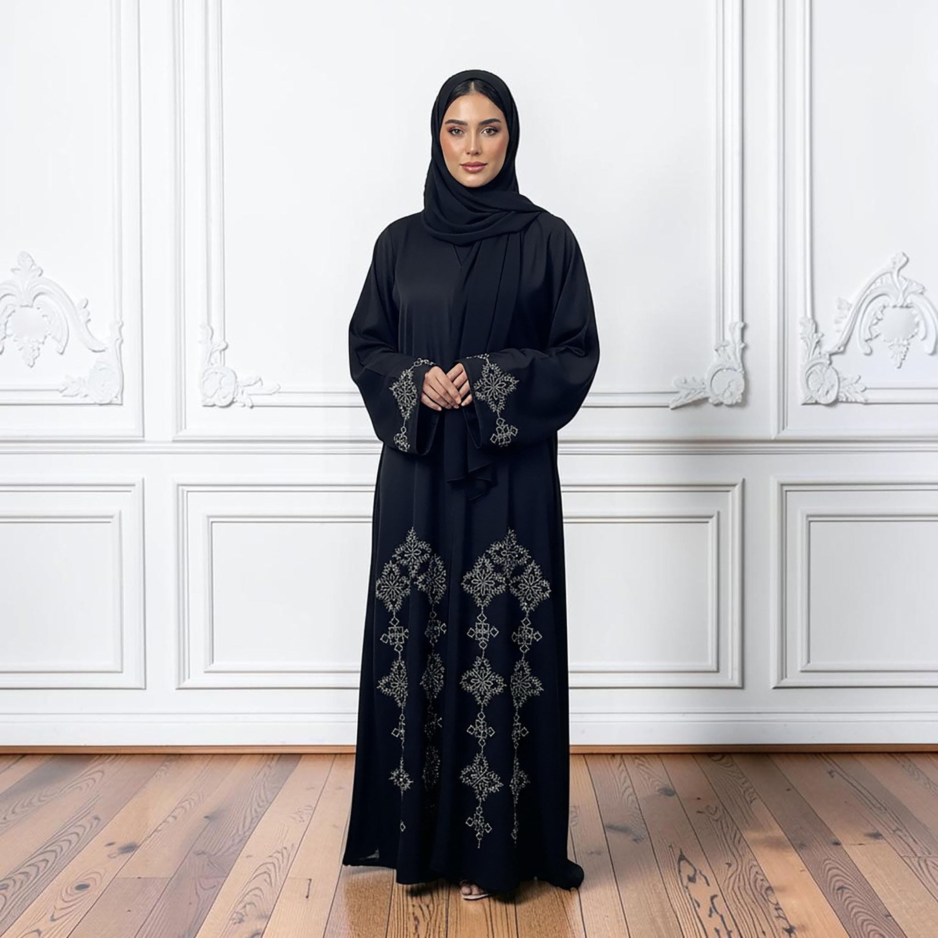 Nukhbaa Black Embroidered Wide Sleeves Nida Women's Abaya with Hijab-women-arabicclothing-abayas-image-1