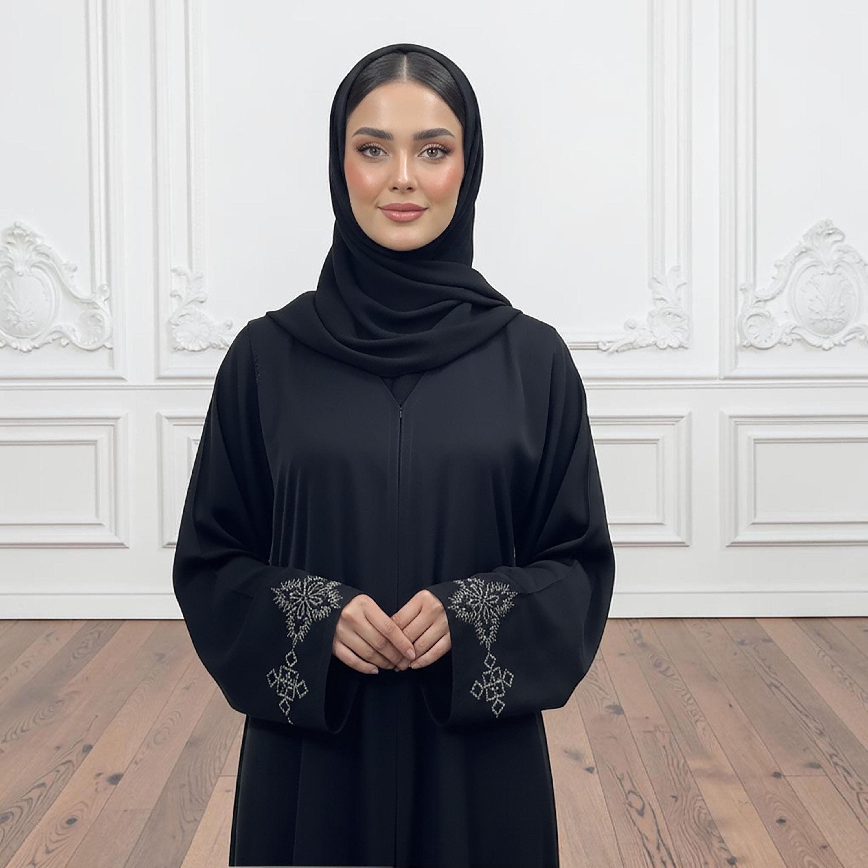 Nukhbaa Black Embroidered Wide Sleeves Nida Women's Abaya with Hijab-women-arabicclothing-abayas-image-2