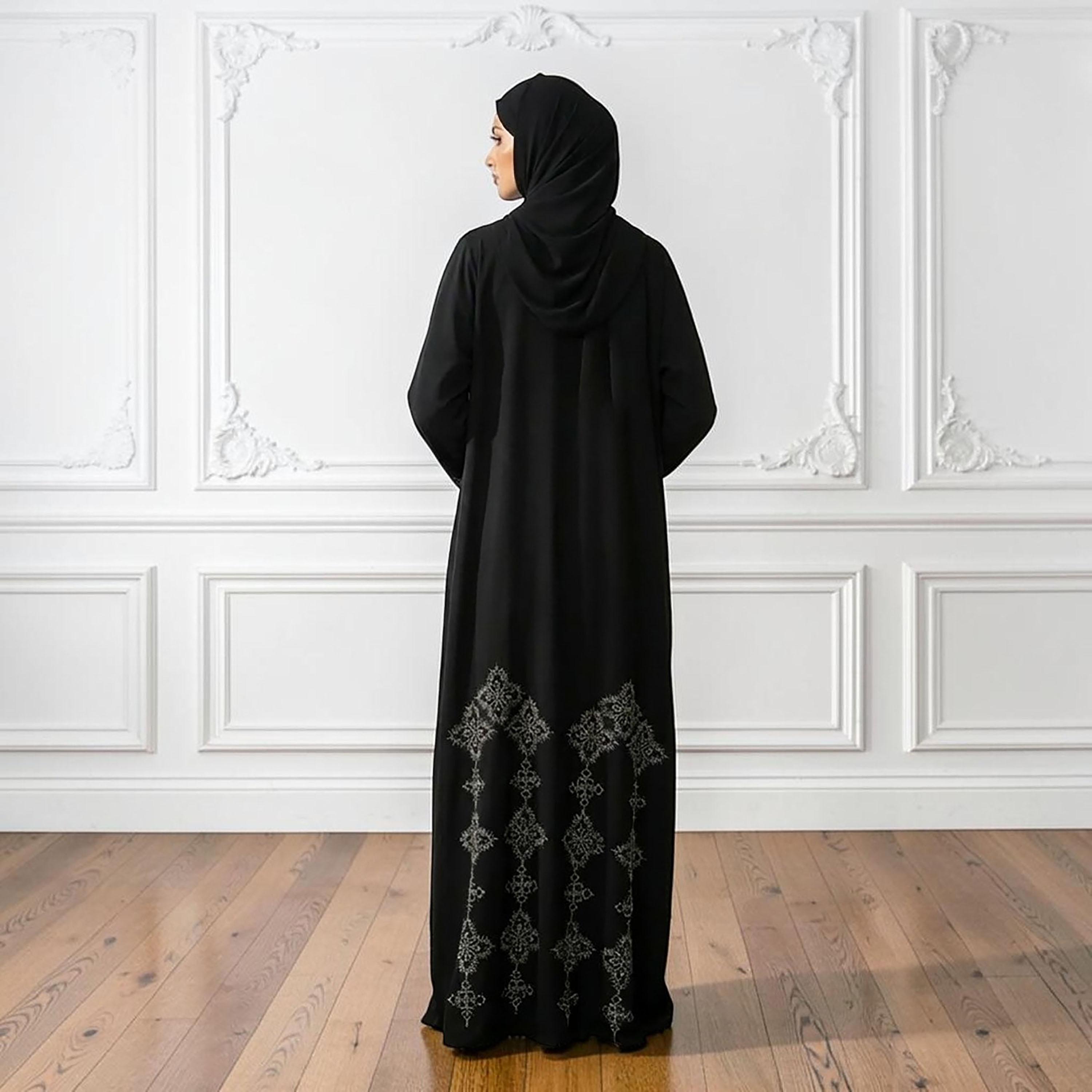 Nukhbaa Black Embroidered Wide Sleeves Nida Women's Abaya with Hijab-women-arabicclothing-abayas-image-3