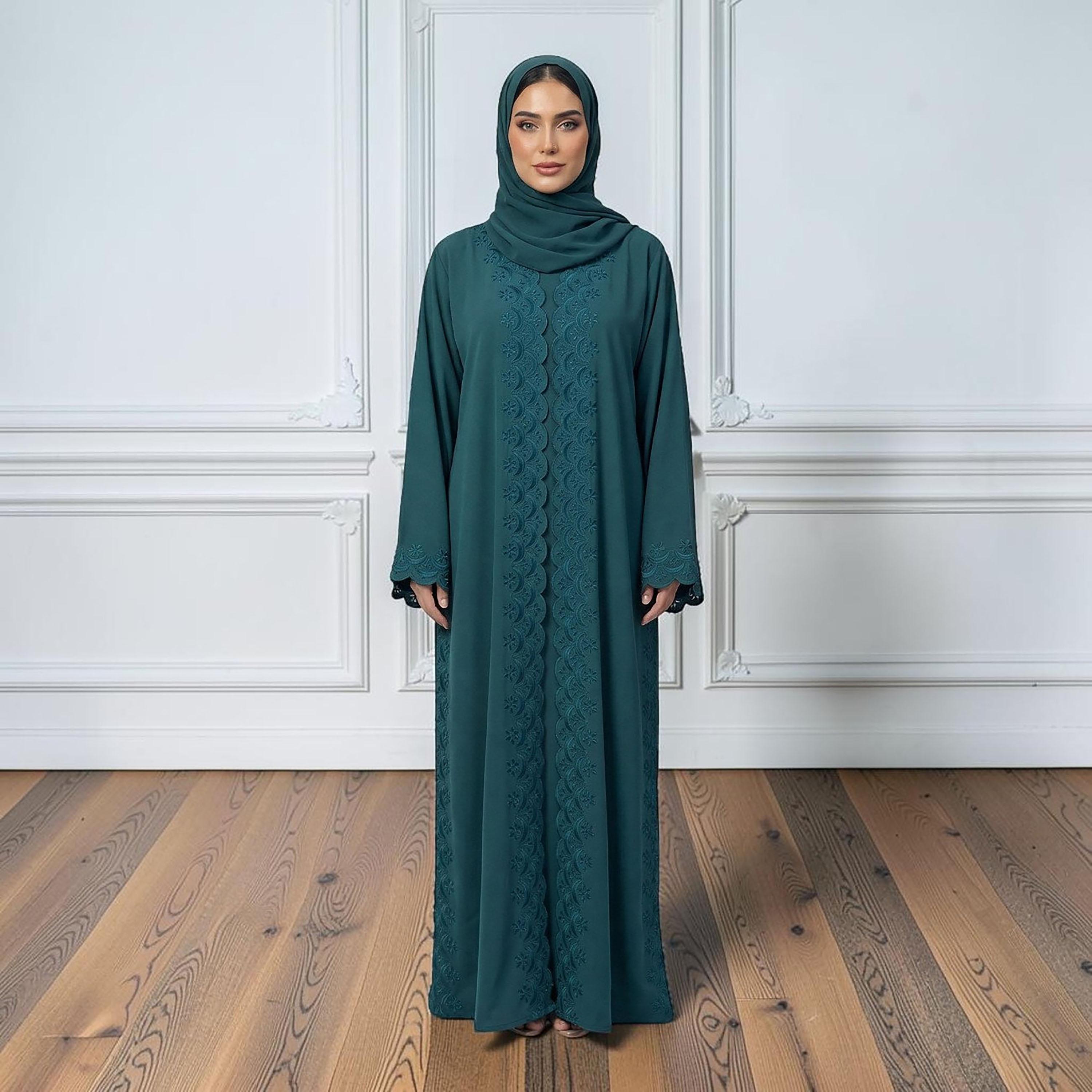 Nukhbaa Green Embroidered Nida Women's Evening Abaya with Hijab-women-arabicclothing-abayas-image-1
