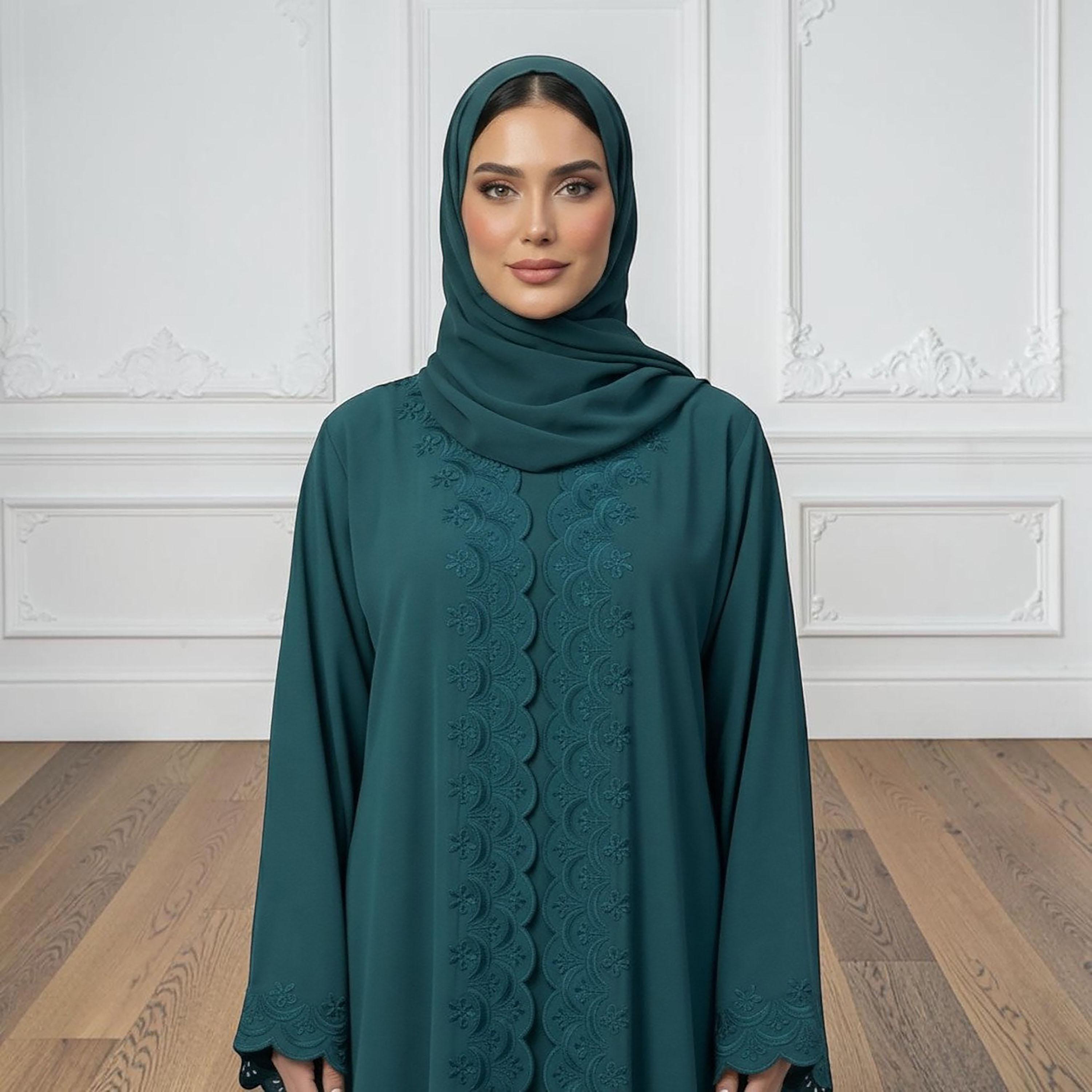 Nukhbaa Green Embroidered Nida Women's Evening Abaya with Hijab-women-arabicclothing-abayas-image-2