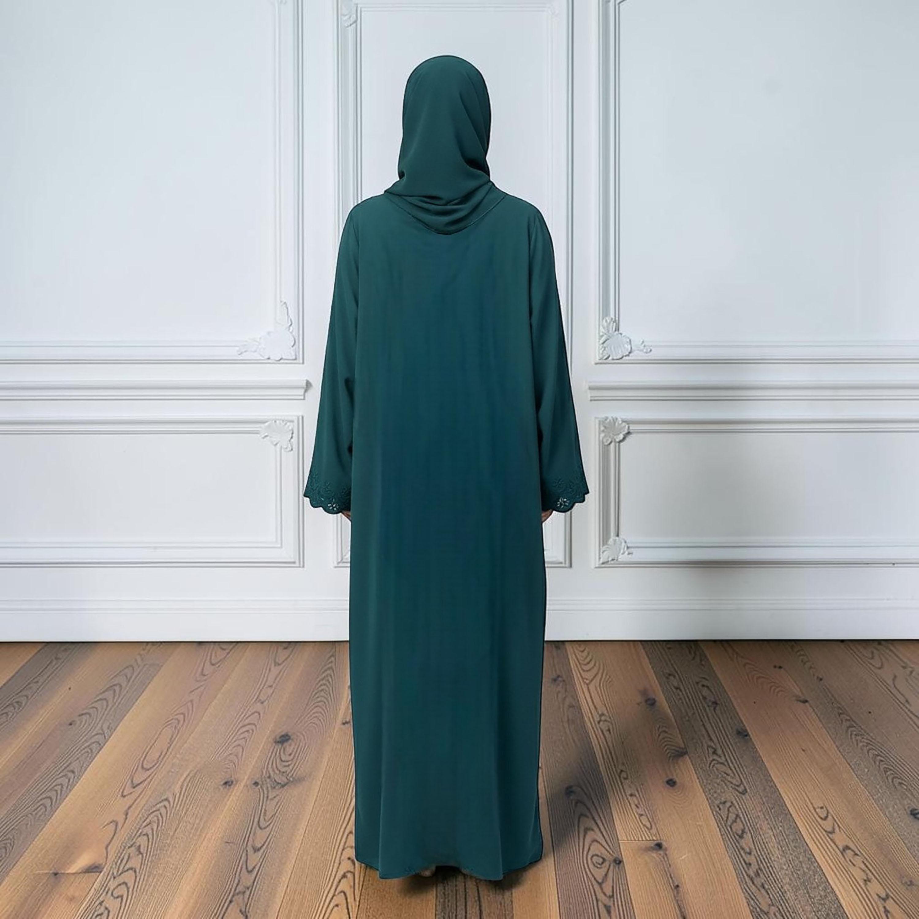 Nukhbaa Green Embroidered Nida Women's Evening Abaya with Hijab-women-arabicclothing-abayas-image-3