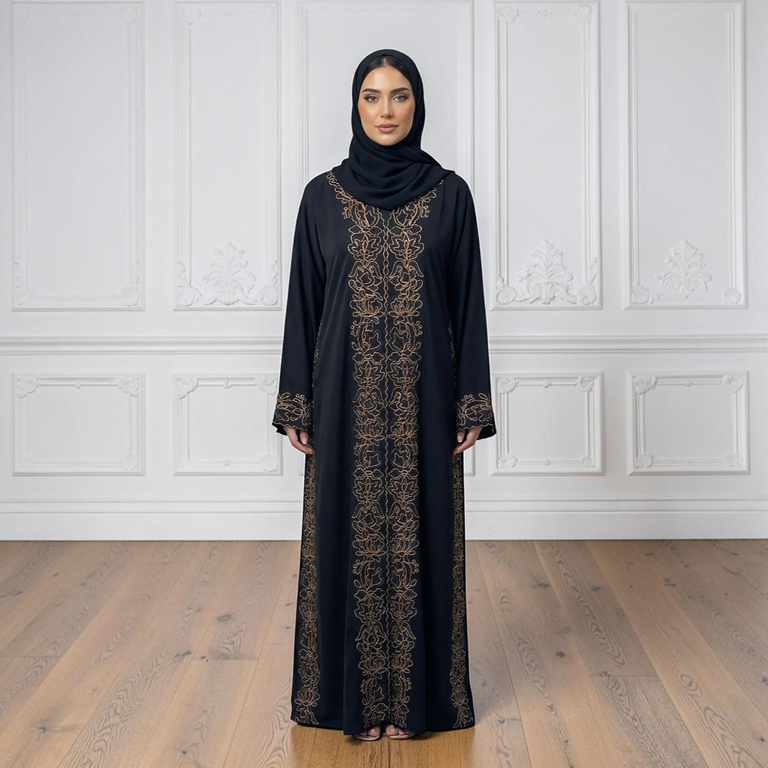Nukhbaa Black Embroidered Nida Women's Abaya with Hijab-women-arabicclothing-abayas-image-1