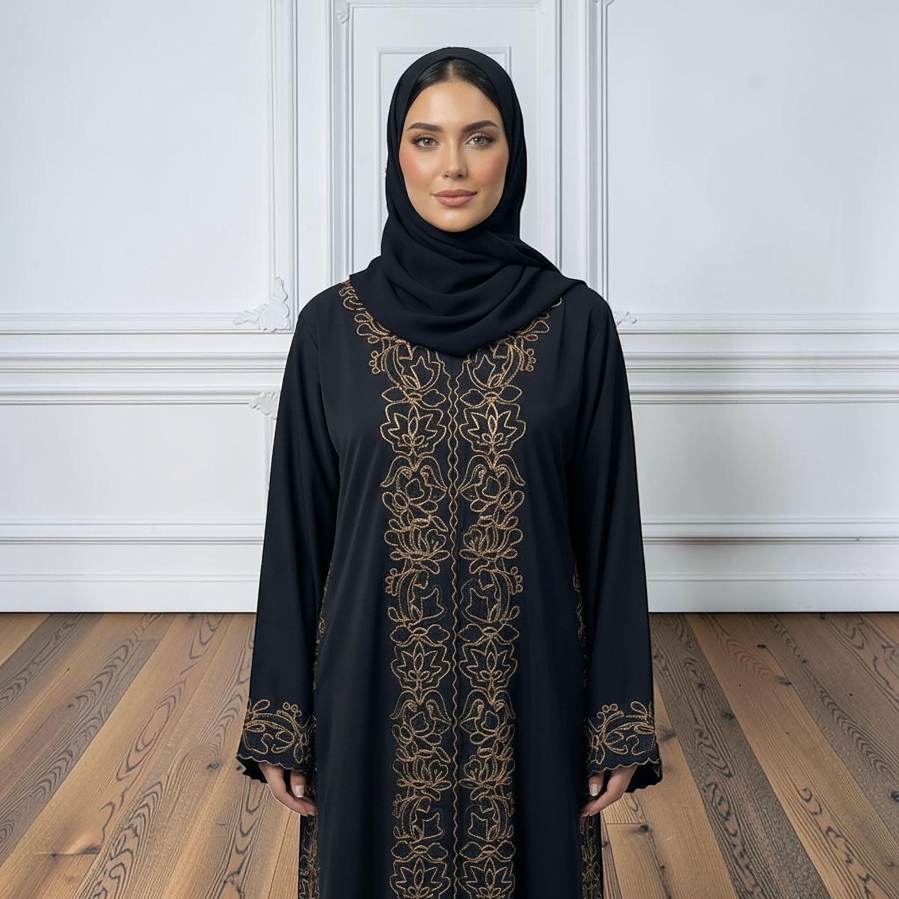 Nukhbaa Black Embroidered Nida Women's Abaya with Hijab-women-arabicclothing-abayas-image-2