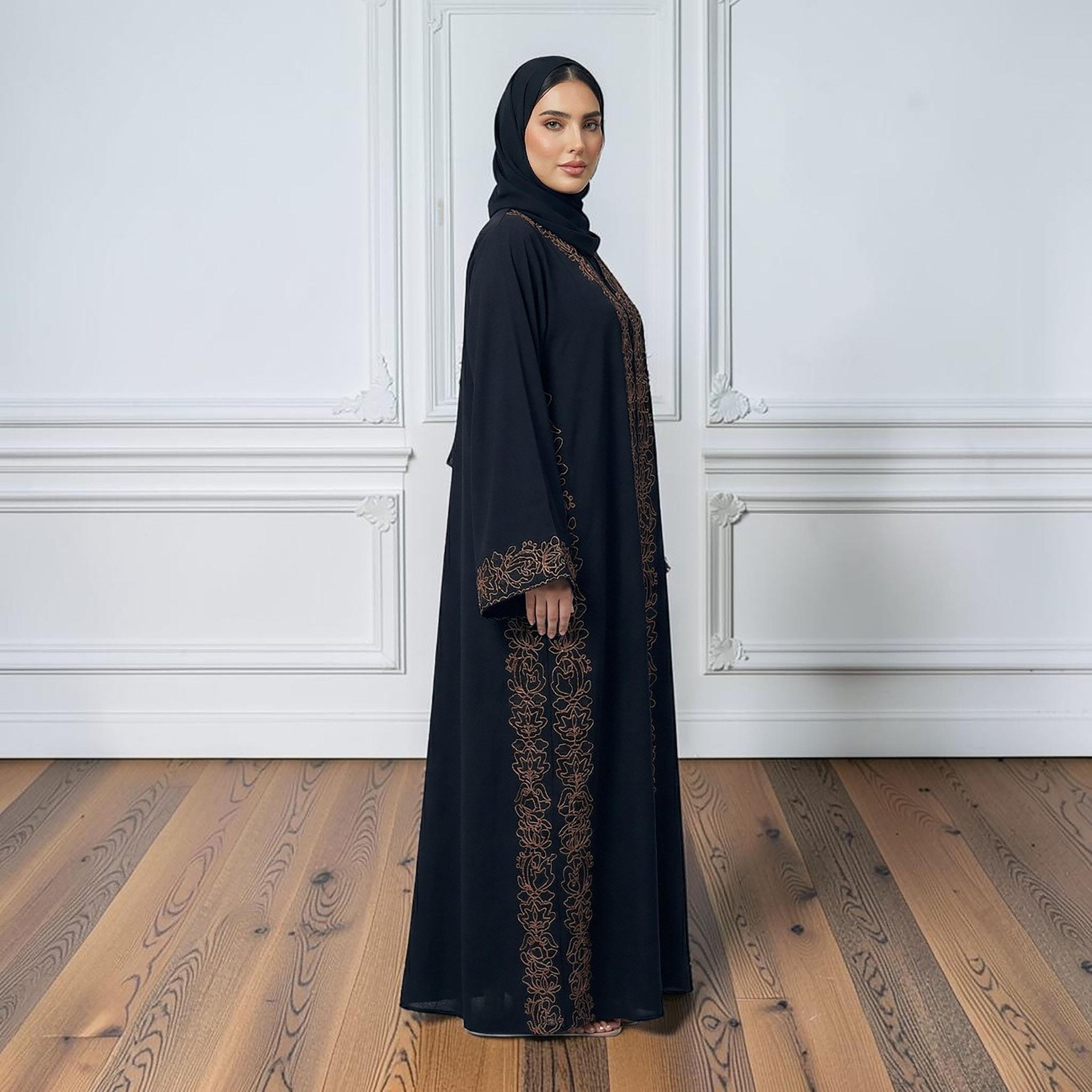 Nukhbaa Black Embroidered Nida Women's Abaya with Hijab-women-arabicclothing-abayas-image-3