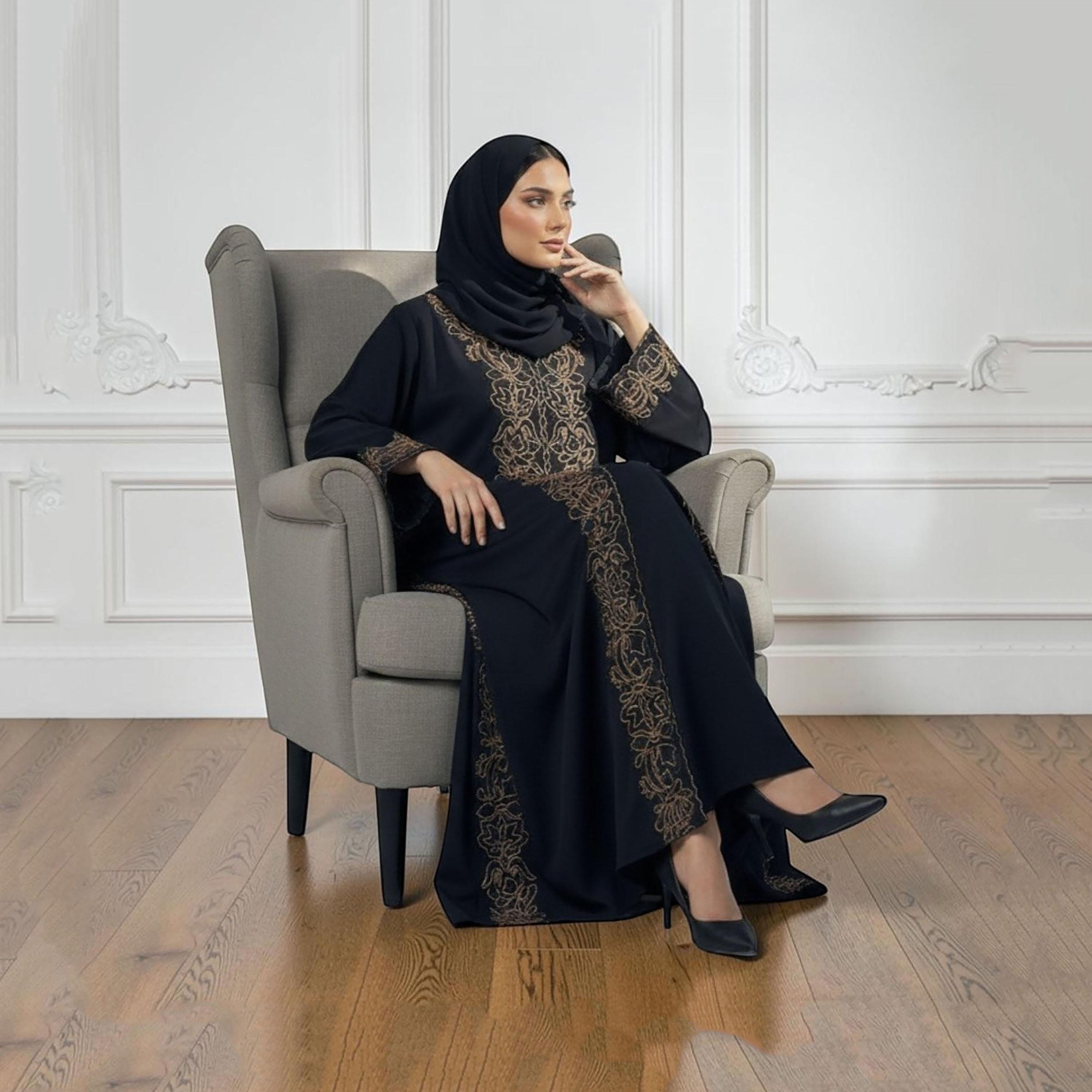 Nukhbaa Black Embroidered Nida Women's Abaya with Hijab-women-arabicclothing-abayas-image-4