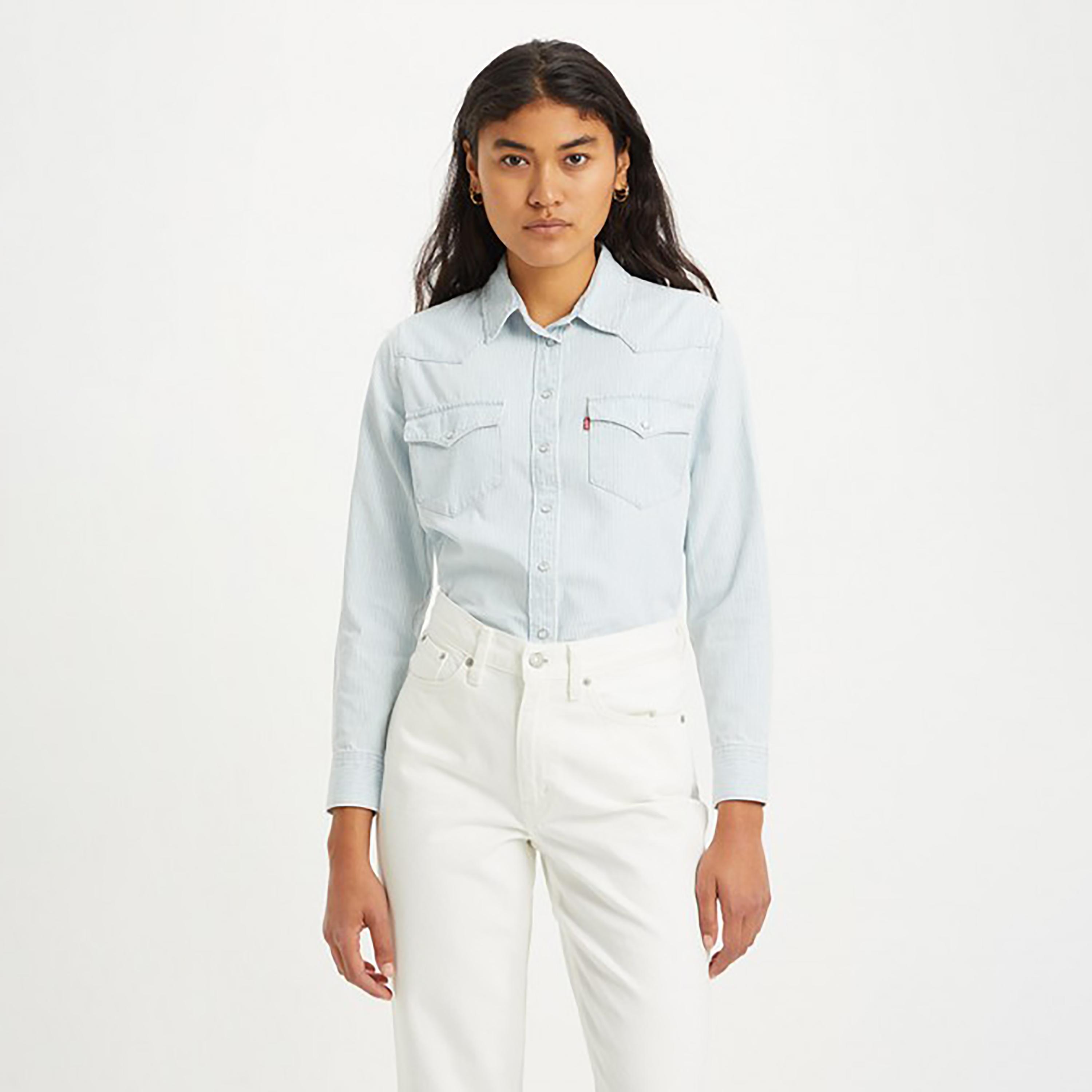 قميص كاجوال دينم بأكمام طويلة ذو ياقة سادة من ليفايز-women-clothing-shirtsandblouses-shirts-image-1