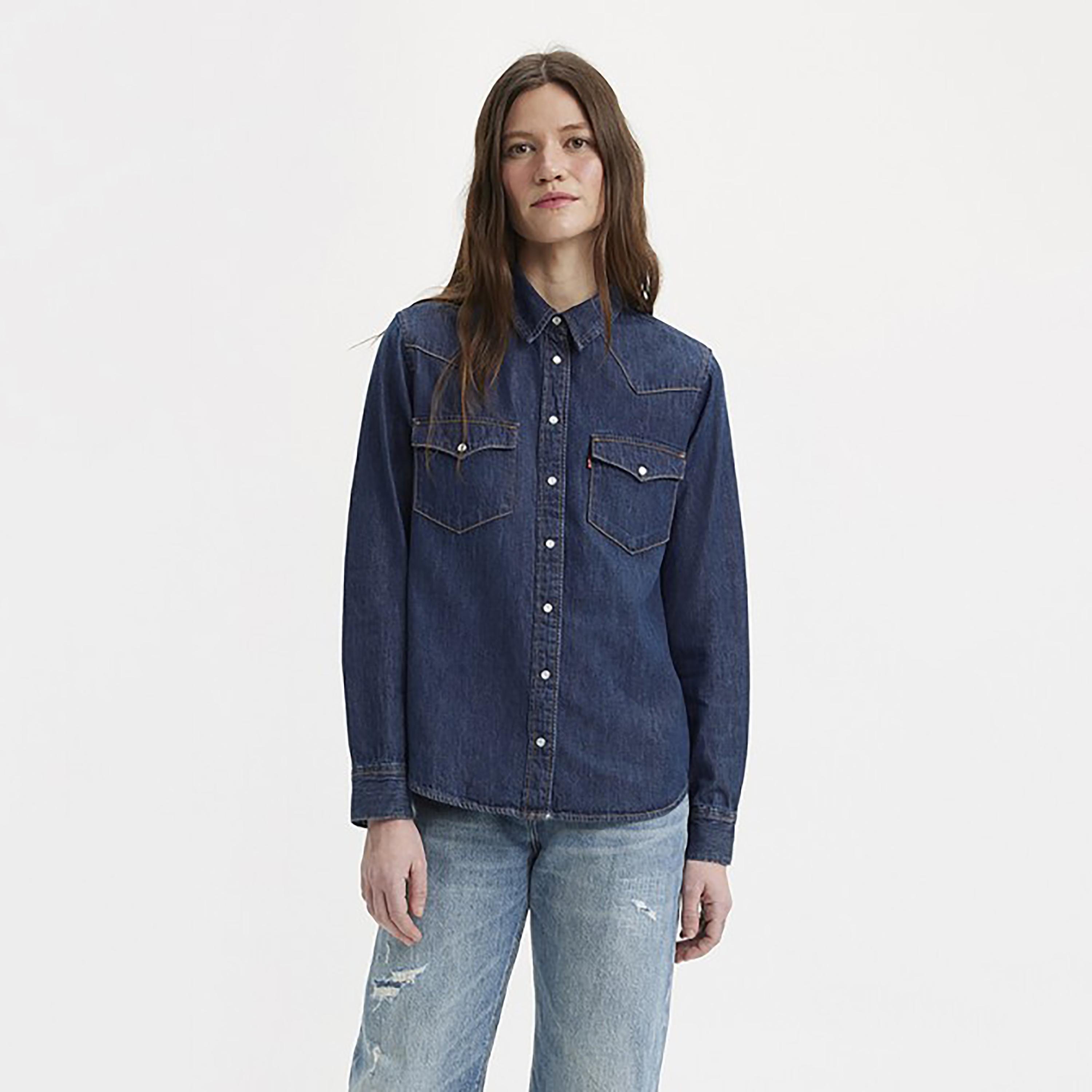 قميص كاجوال دينم بأكمام طويلة ذو ياقة سادة من ليفايز-women-clothing-shirtsandblouses-shirts-image-1