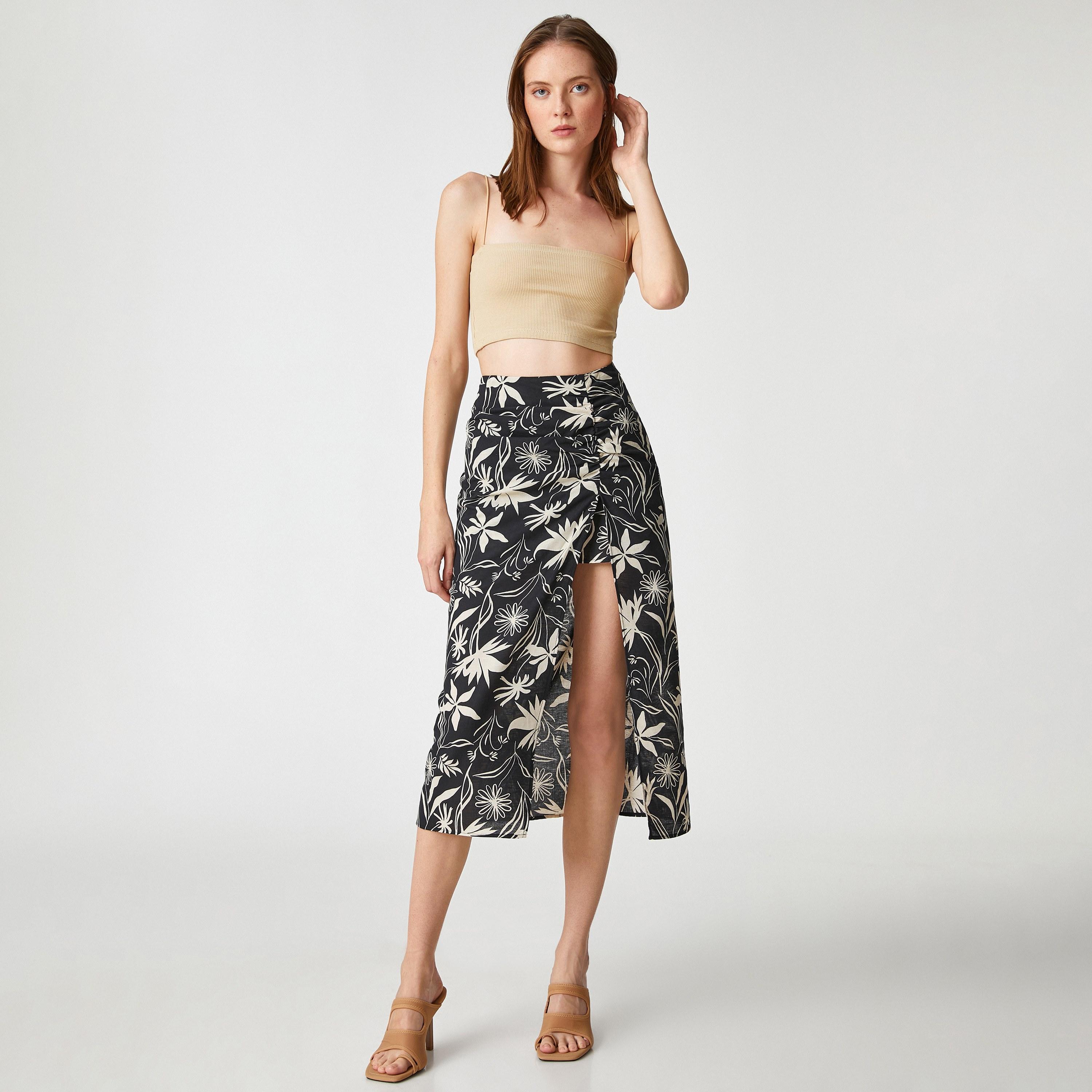 KOTON Black Floral Print Linen Wrap Women's Skirt-women-clothing-bottoms-skirts-image-2