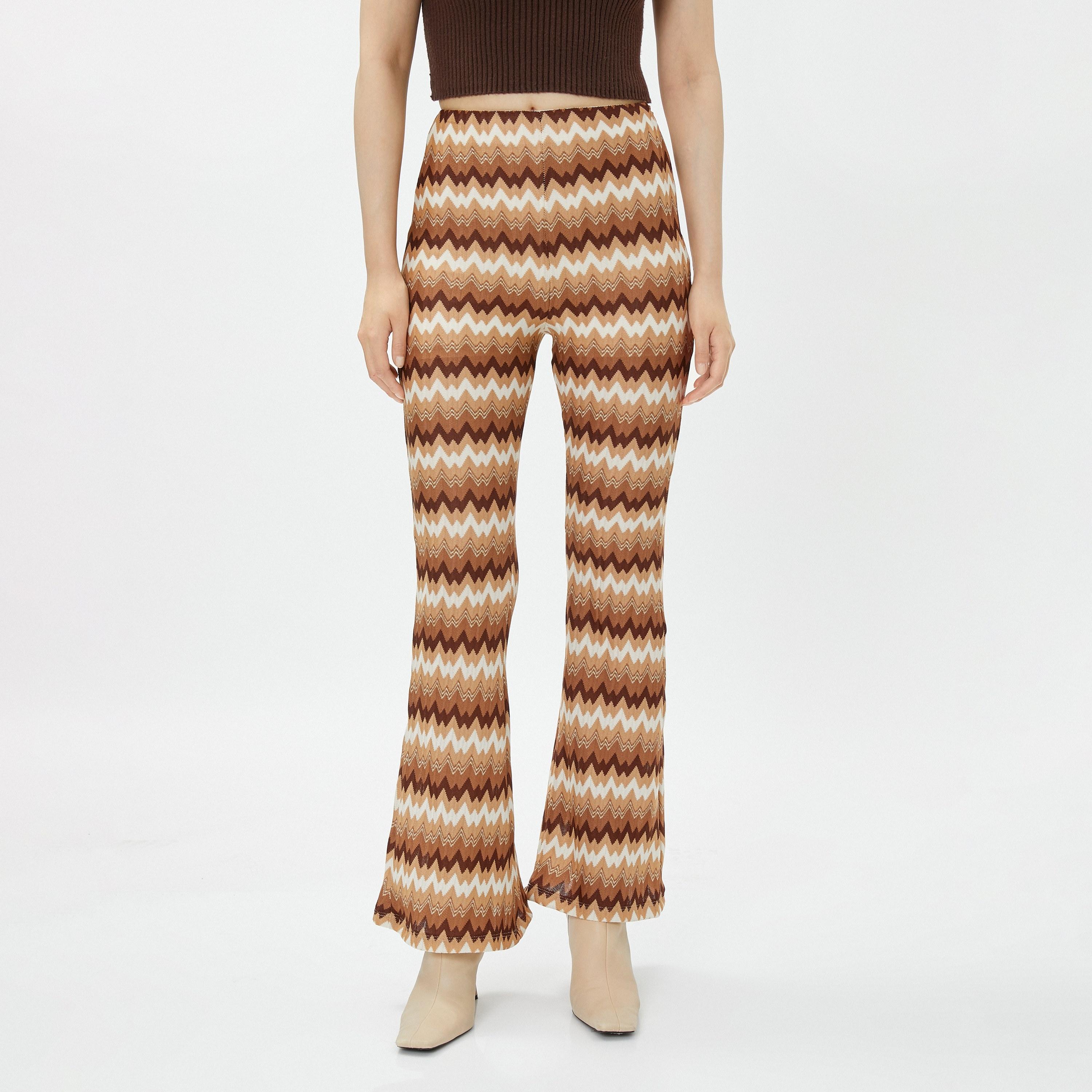 KOTON Brown Chevron Print Tricot Zip Fly Bootcut Women's Trousers-women-clothing-bottoms-trousers-image-1