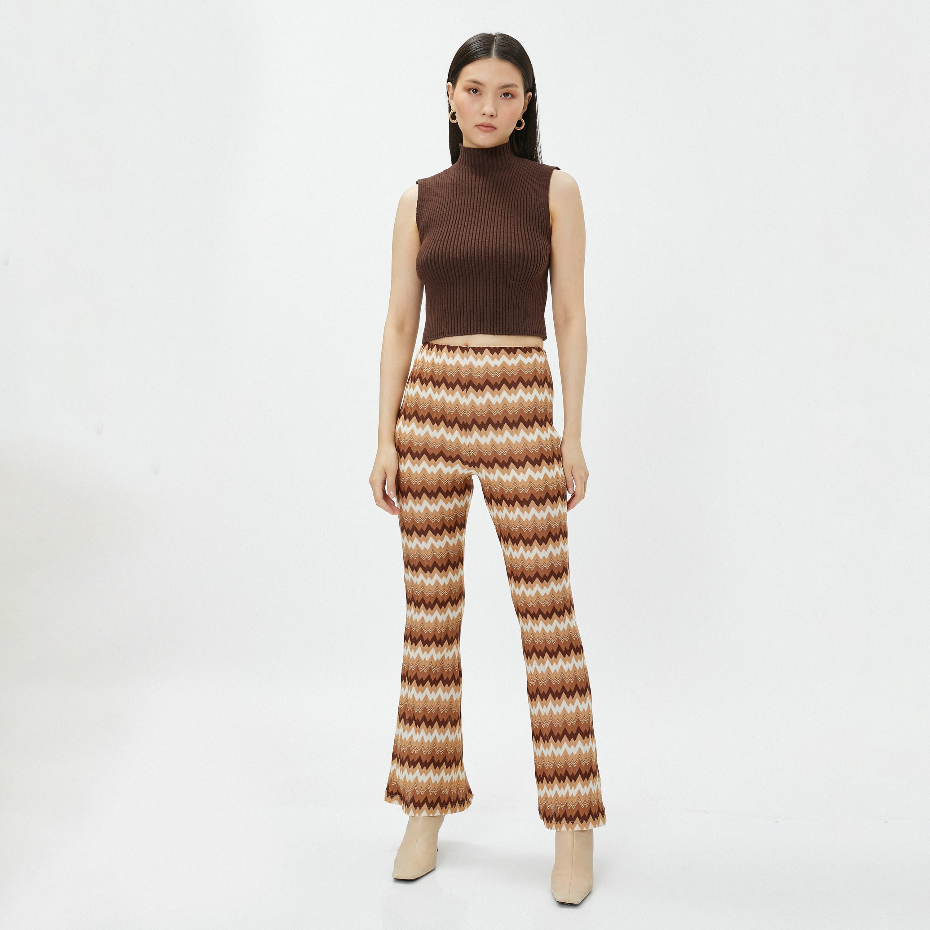 KOTON Brown Chevron Print Tricot Zip Fly Bootcut Women's Trousers-women-clothing-bottoms-trousers-image-2
