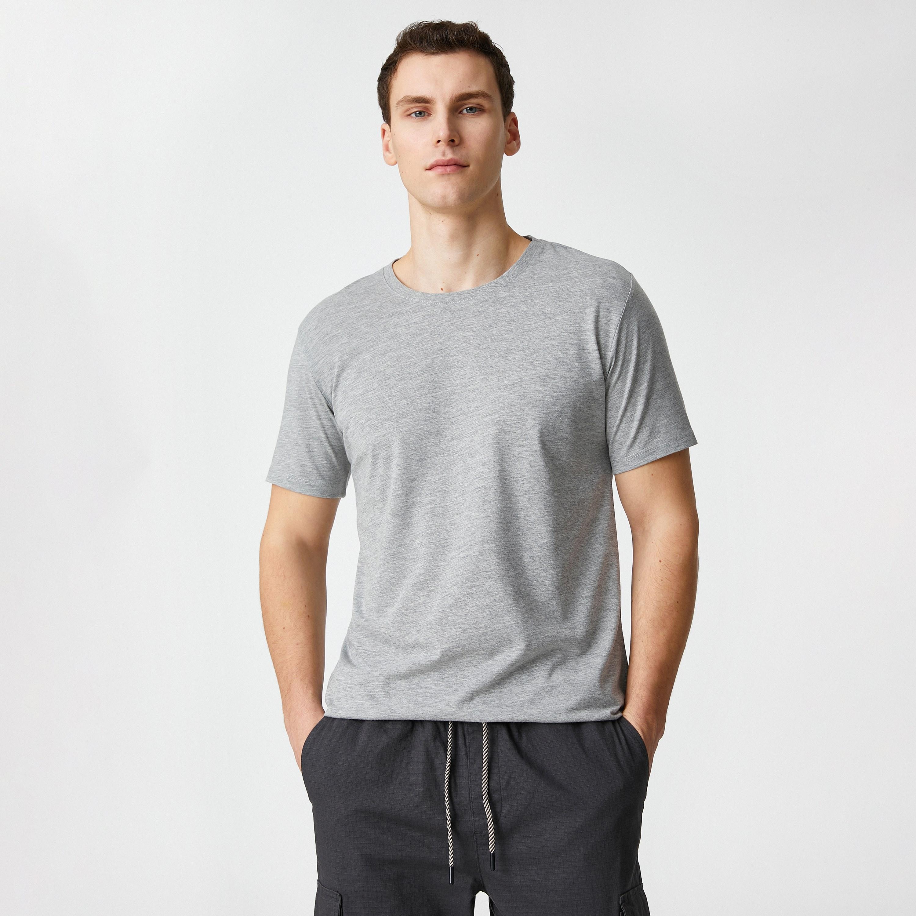 تيشيرت رجالي أكمام قصيرة بياقة مستديرة بلون "هيذر" متداخل من كوتون-men-clothing-tshirtsandpolos-tshirts-image-1