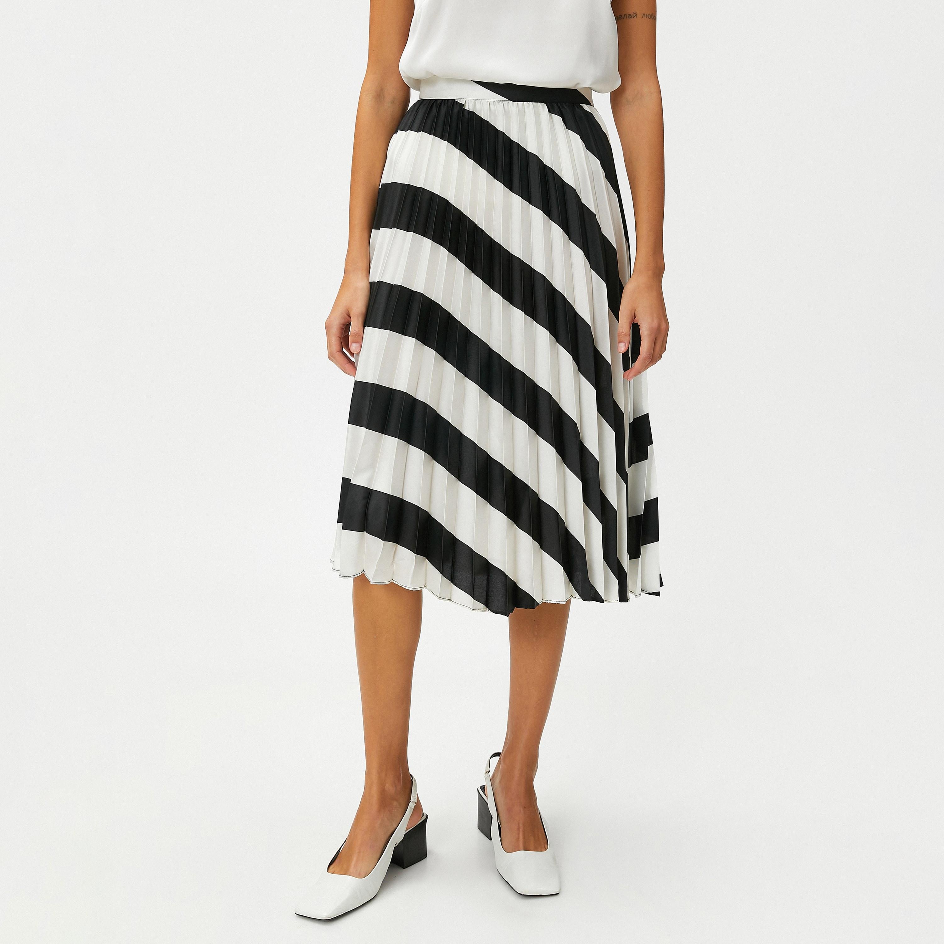 KOTON White Striped Satin Pleated Women's Skirt-women-clothing-bottoms-skirts-image-1