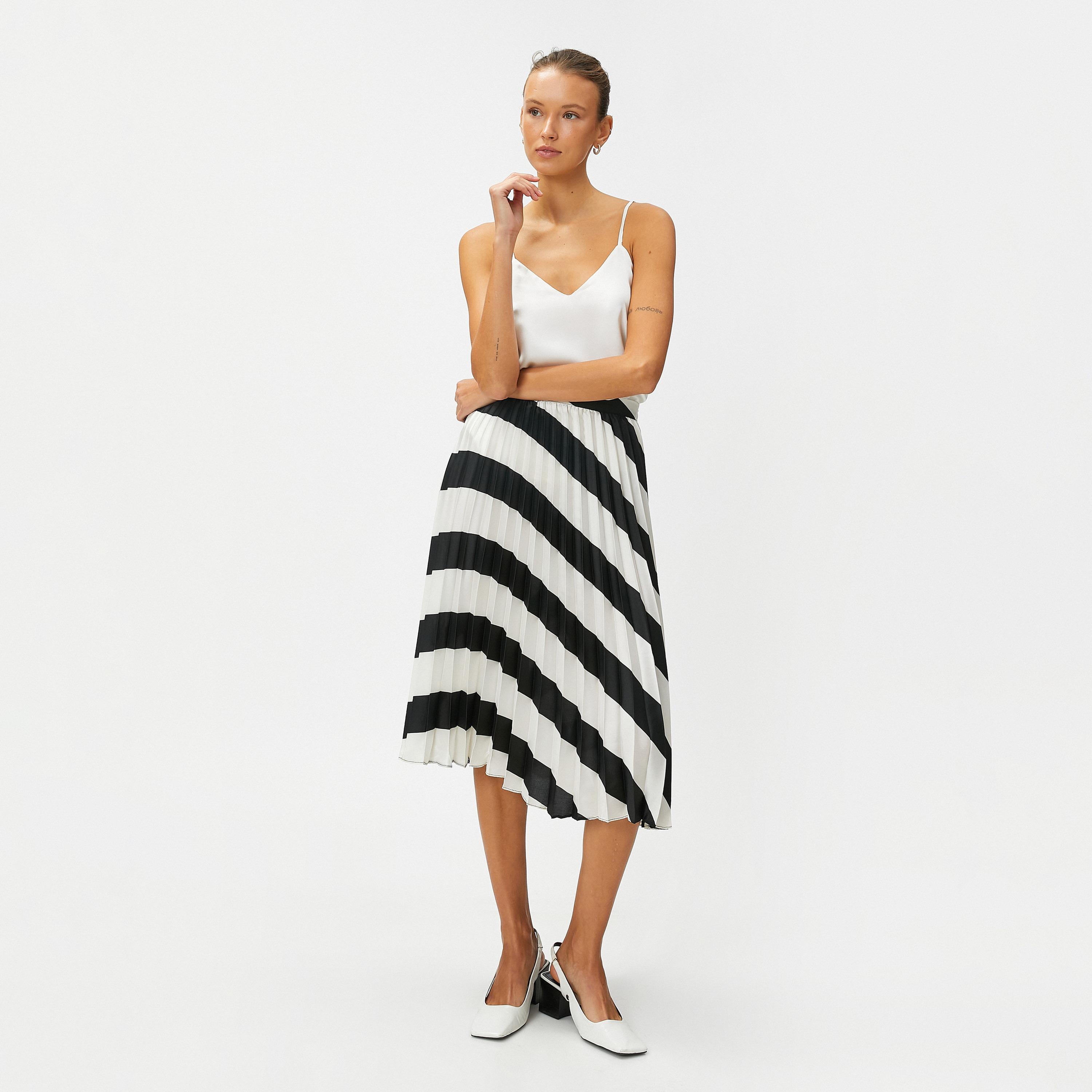 KOTON White Striped Satin Pleated Women's Skirt-women-clothing-bottoms-skirts-image-2