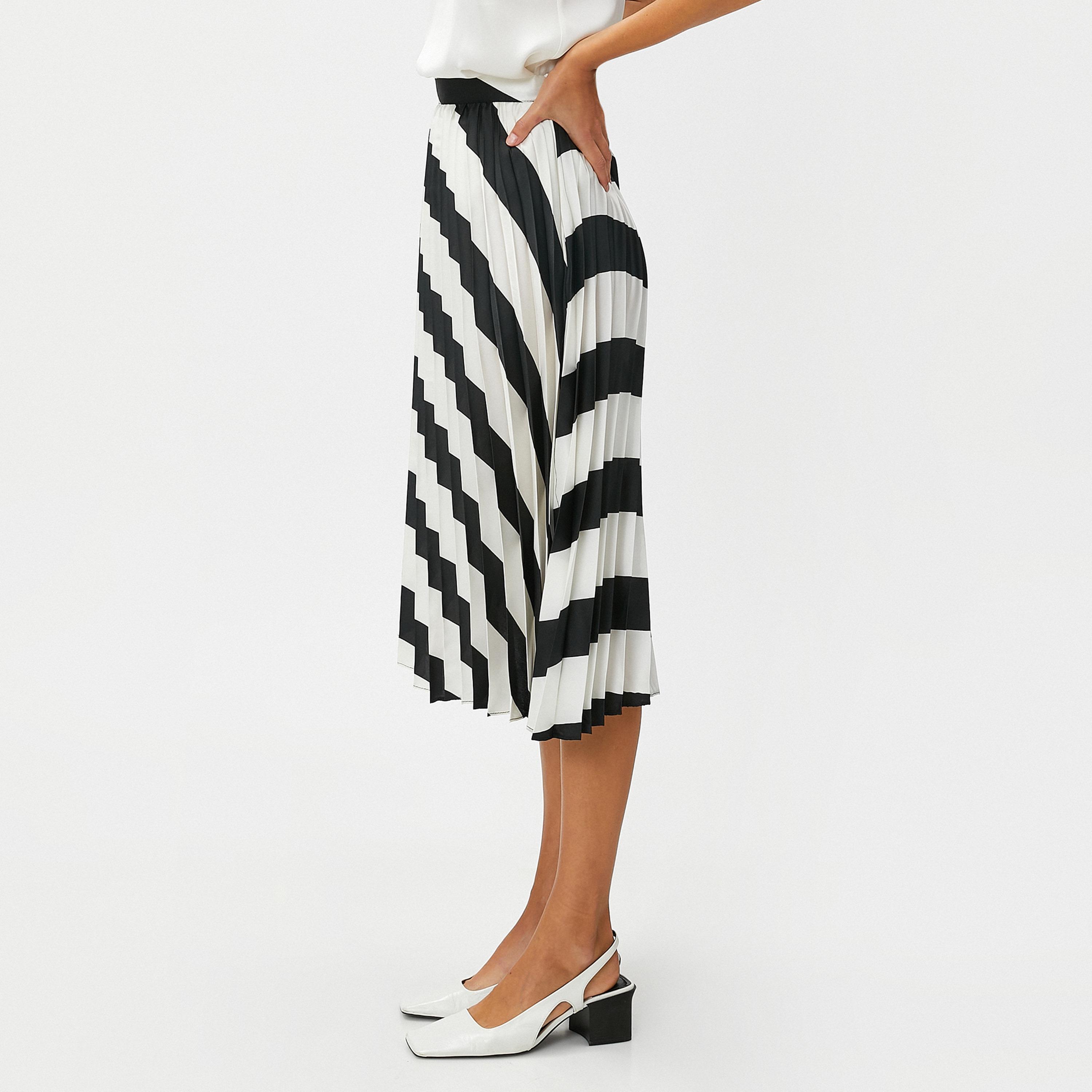 KOTON White Striped Satin Pleated Women's Skirt-women-clothing-bottoms-skirts-image-3